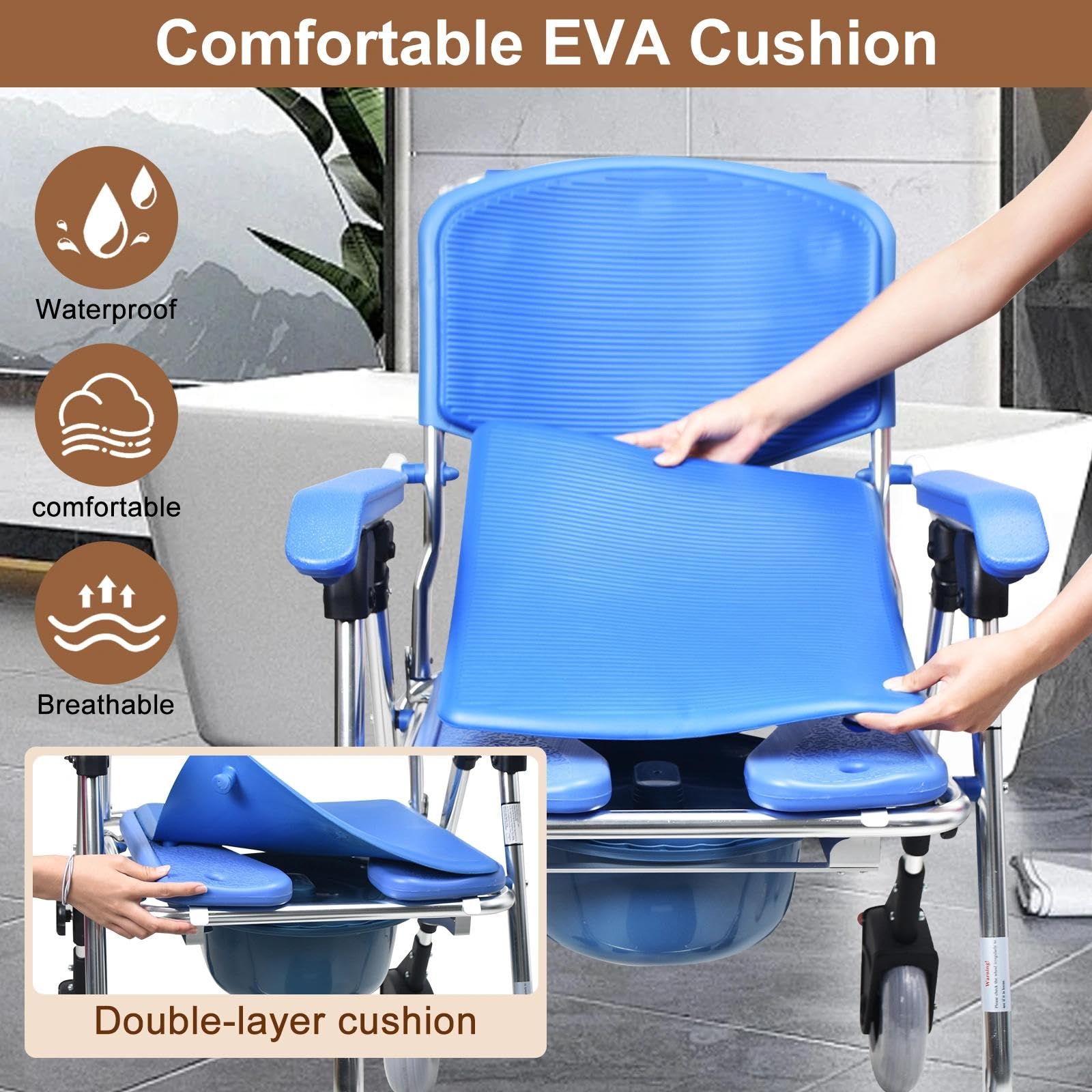 Sedia Comoda WC per Anziani con Rotelle, 3-in-1 Sedia a Rotelle Pieghevole per Anziani con WC, 150kg Blu Sedia Doccia Disabili con Ruote e Morbido Cuscino