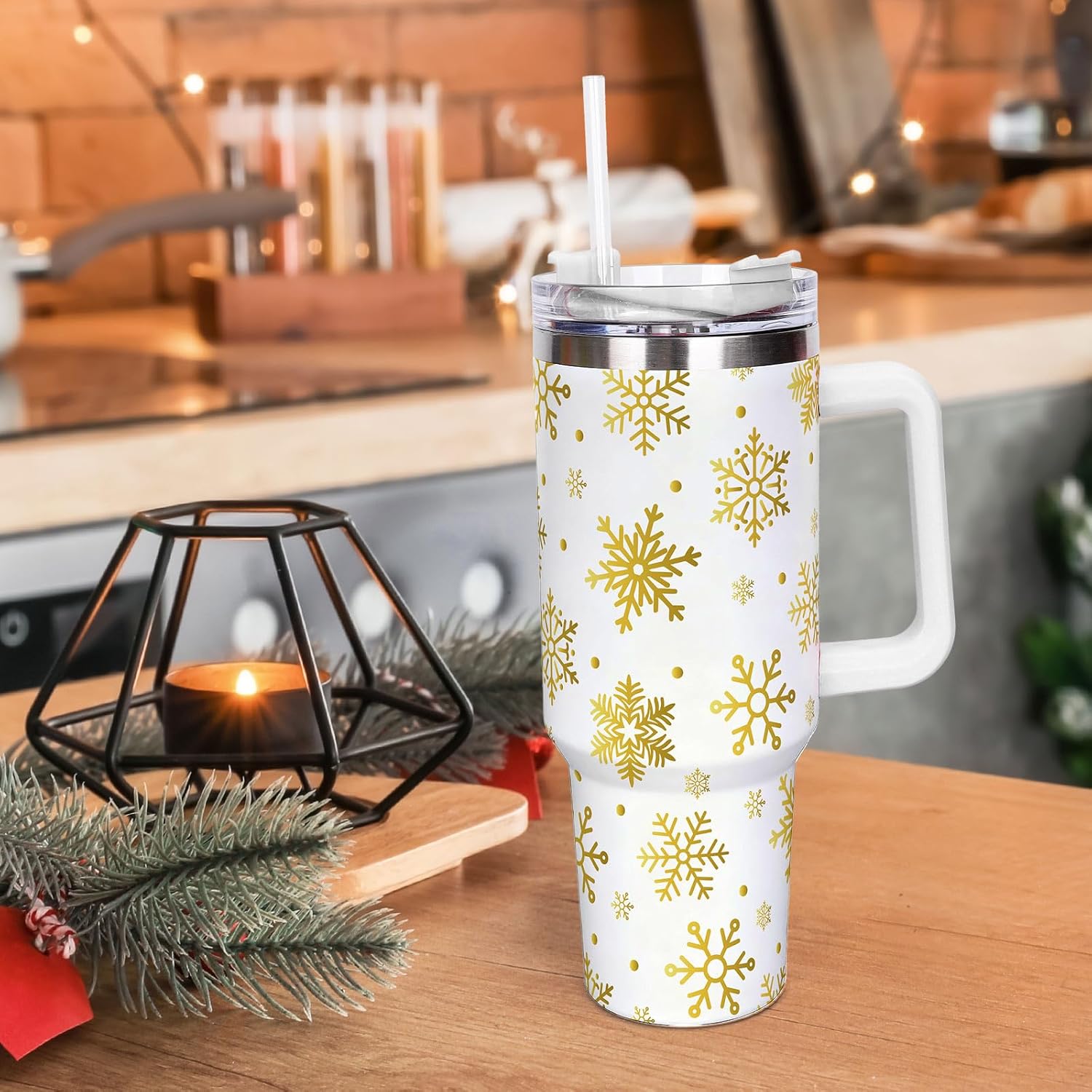 Whaline 40oz Christmas Tumbler with Handle Straw and Lid White Gold Snowflake Travel Tumbler Coffee Cup for Xmas Winter Holiday Party Home Office - Image 7