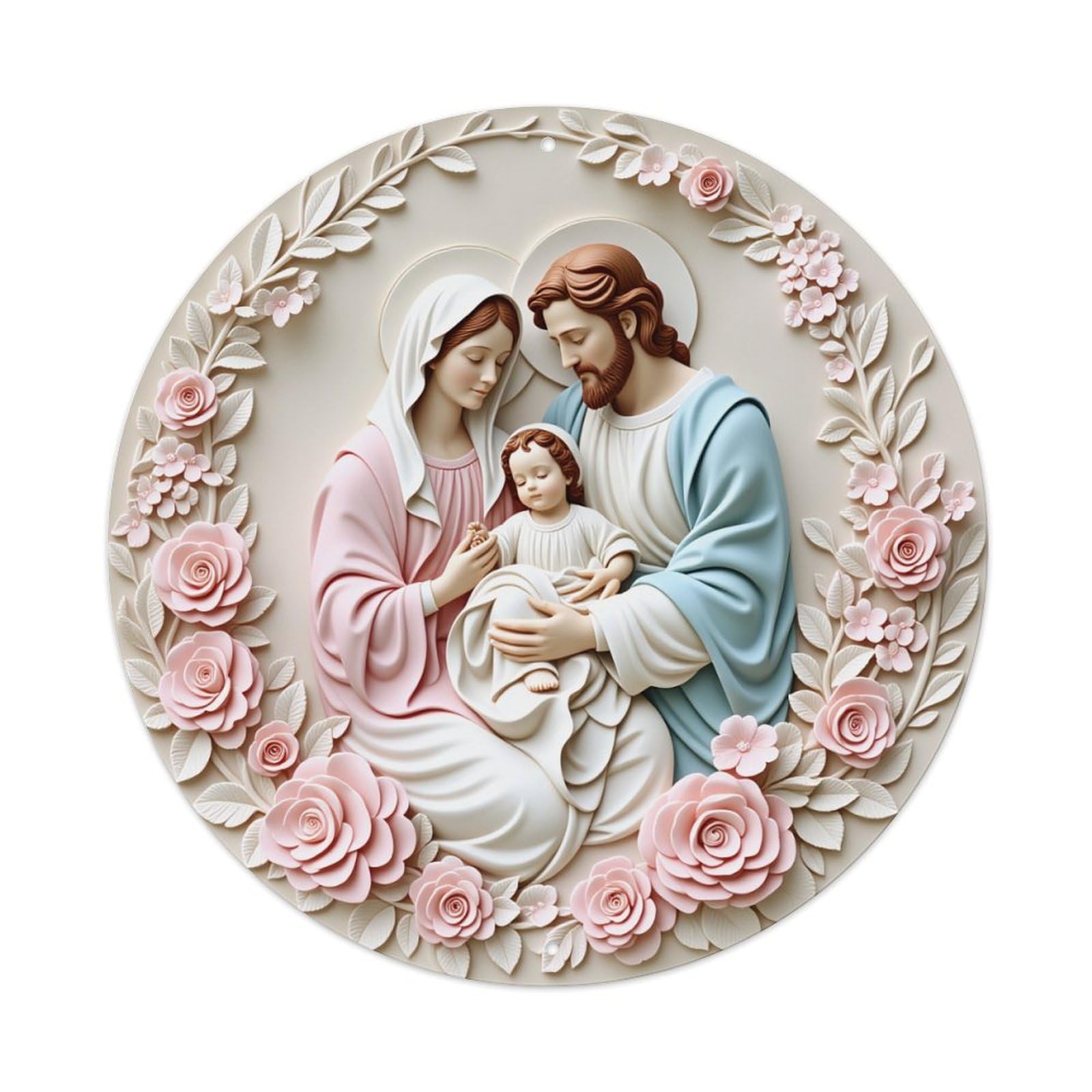 Holy Family With Roses Round Tin Sign Vintage Metal Poster Retro Bar, Home, Man Cave, Kitchen, Laundry Room Wall Art Decor Gift 8x8In
