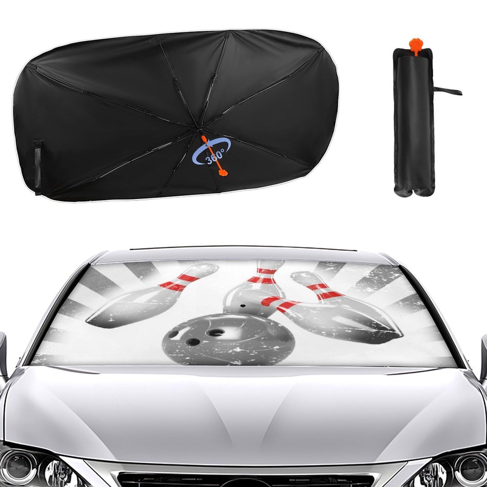 Vintage Sport Bowling Ball Car Windshield Sun Shade Umbrella Foldable Car Umbrella Sunshade Cover Easy to Store and Use Keeps Vehicle Cool 52.4 * 28.3inches