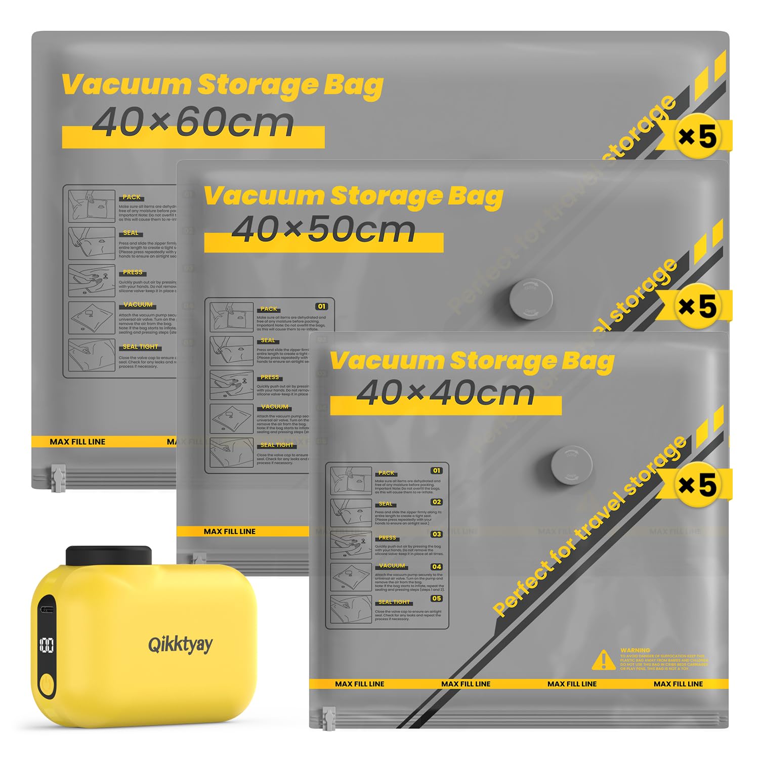 Vacuum Storage Pack Bags for Clothes with Pump Cordless, Sealer Compression Bags Saving 80% Space, Suitable for Travel Suitcase & Home Storage, 15 Pack (5 * 40x40cm, 5 * 40x50cm, 5 * 40x60cm)