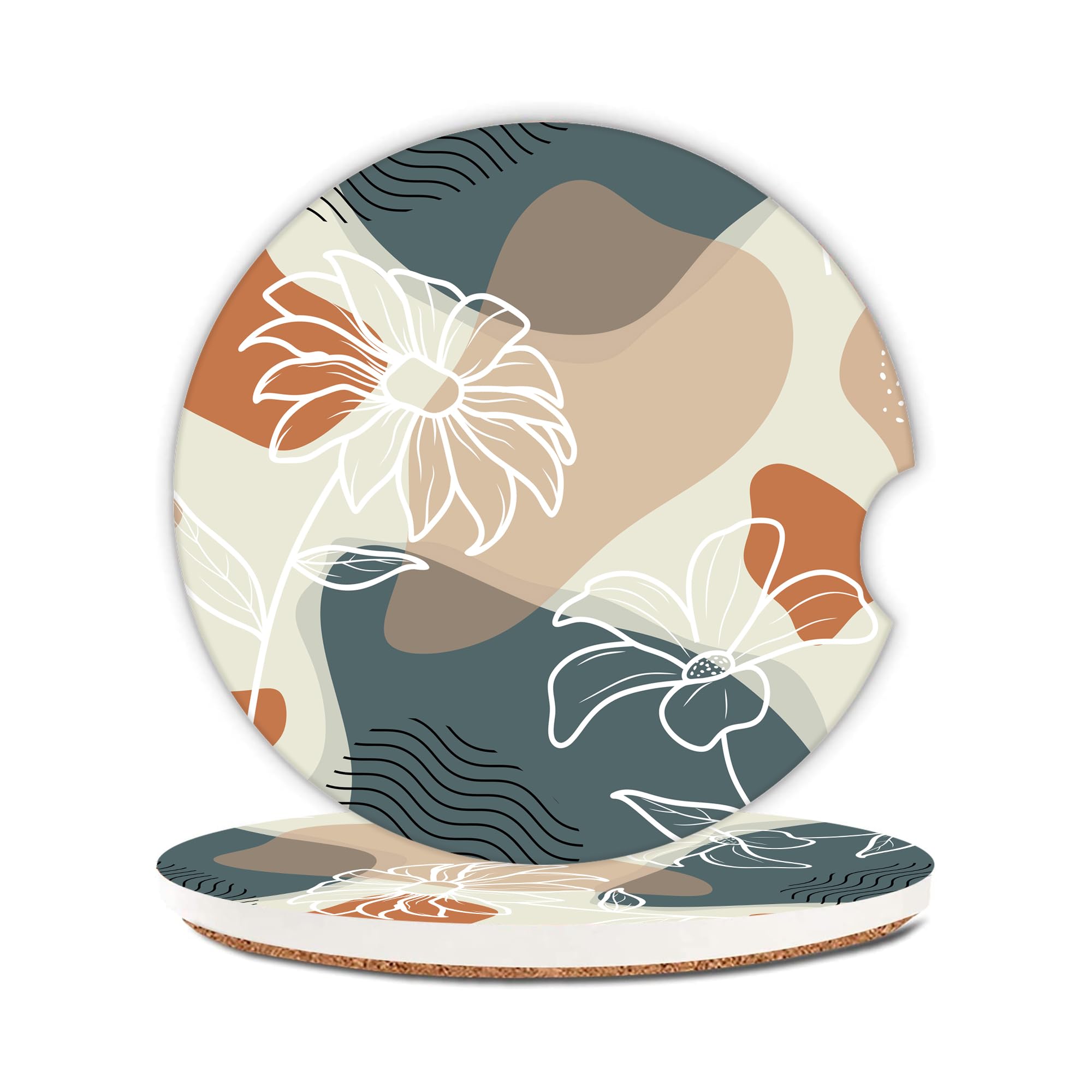 Abstract Flowers Leave Car Cup Holder Coasters,Ceramic Absorbent Cup Holders with Finger Notch & Cork Base Car Assecories for Women/Men 2.6"(2 Pieces)
