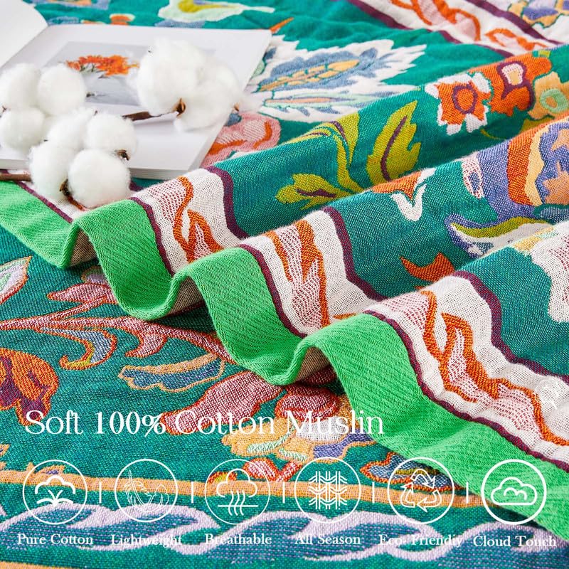 Image of Boho Throw Blanket Cotton Muslin Woven Flower Decorative Blankets 50 inchx60 inch