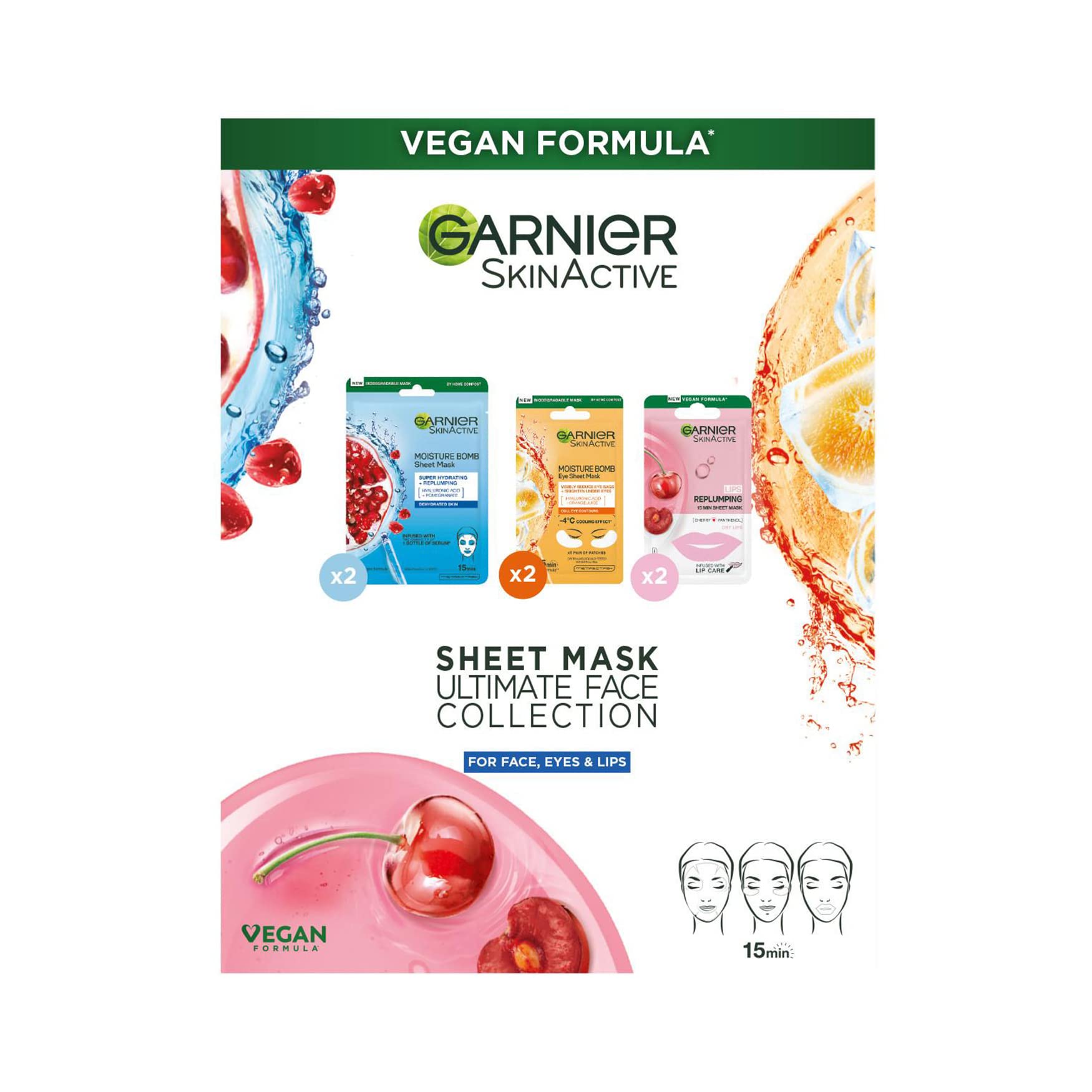 Garnier Sheet Masks Ultimate Face Collection, Set of Sheet Masks for Face, Eyes and Lips, With Natural Plant Extracts, Hyaluronic Acid Serum and Vegan Tissue, SkinActive, 6 Pieces