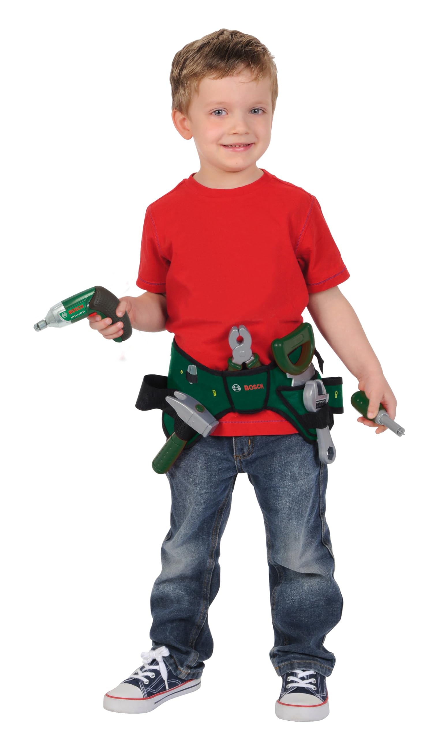 Theo Klein 8493 Cintura per attrezzi Bosch Con avvitatore a batteria Ixolino alimentato a batterie e diversi accessori Dimensioni: 76 cm x 24 cm x 4,5 cm Giocattolo per bambini a partire dai 3 anni di età