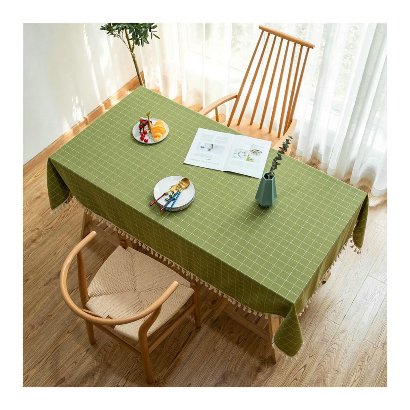 Gualiy Mantel Algodon Lino Rectangular, Manteles Mesa Cocina 140x200CM Mantel Mesa Cuadrada Antimanchas Bordado Plaid con Borlas Mantel para Mesa de Comedor, Verde