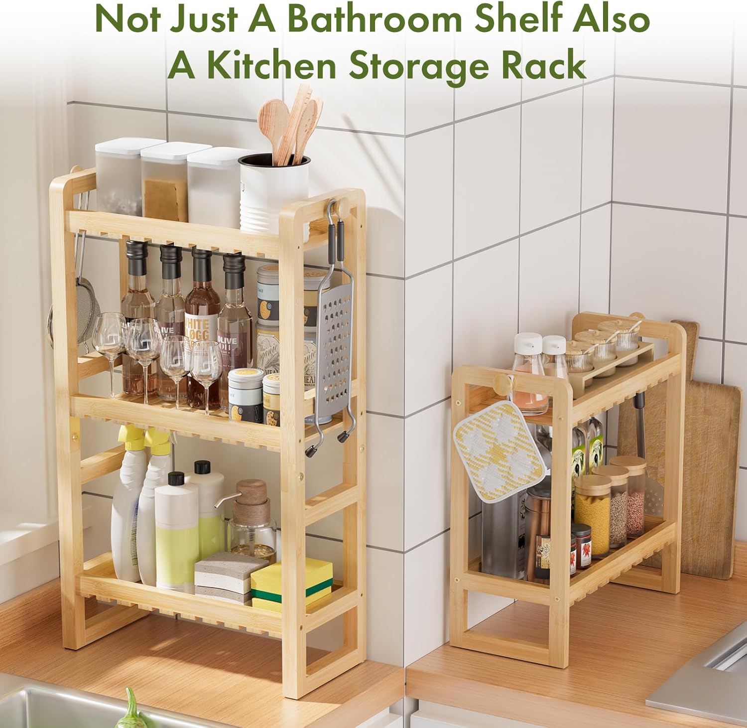 AmazerBath Bamboo Over The Toilet Storage Shelf - 3-Tier Bathroom Organizers and Storage Shelves, 2 in 1 Dual Stable Above Over Toilet Bamboo Shelf Home Storages Rack for Small Bathroom, Space Saver