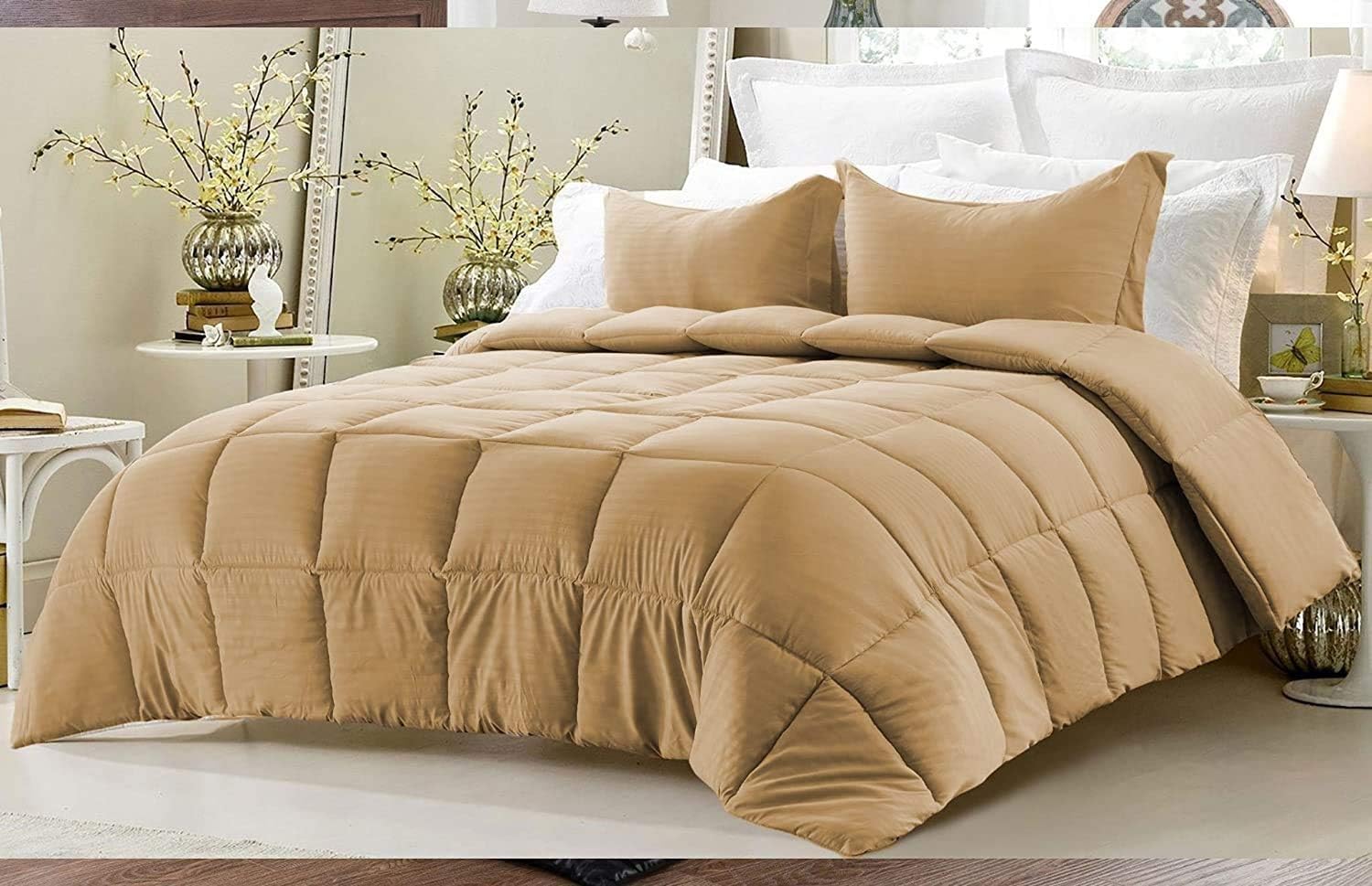 850 Thread Count Stripe Down Alternative 1 Piece Reversible Solid/Stripe Comforter - 100% Egyptian Cotton Beige -King Size
