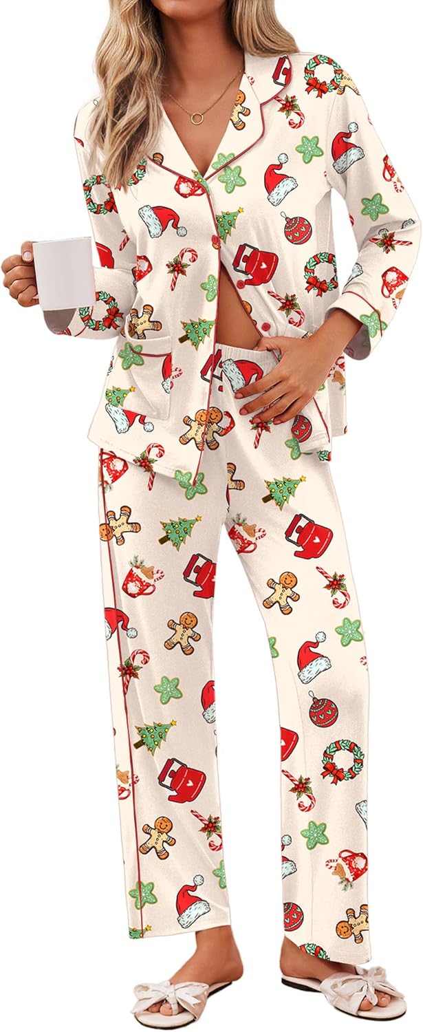 Ekouaer Pajamas for Women Set Button Down Pj Long Sleeve Shirt and Pants Lounge Sets Fall Sleepwear with Pockets