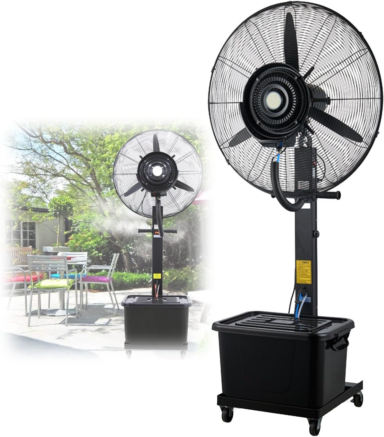 90° Oscillating Misting Fan - 30in Industrial Outdoor Pedestal Fan with 11 Gallon Tank for Patios, Greenhouses & Residential Use - Powerful Cooling Solution