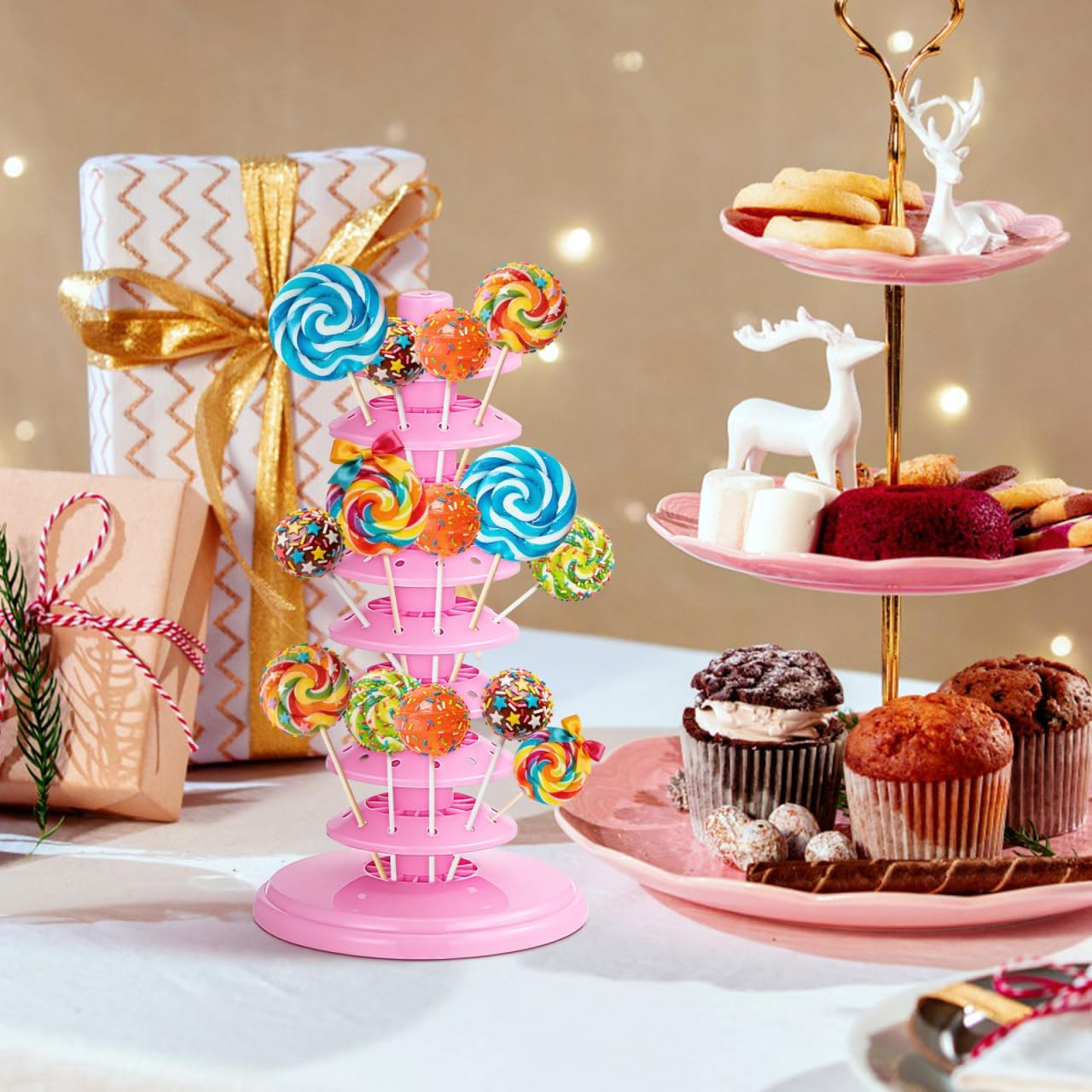 PRETYZOOM Pink Adjustable Multi-Tier Lollipop Stand Candy Display Rack for Parties Weddings Store Use 10.62X5.31X5.31 Inch Lollipop Holder for Kids and Events