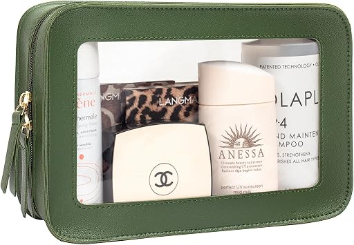 LETGO Clear Makeup Bags, TSA Approved Toiletry Bag with Zipper, Travel Makeup Organizer Fit Carry-on Travel Essentials,Small Cosmetic Bags Pouch for Women Men Clear-Vintage Green