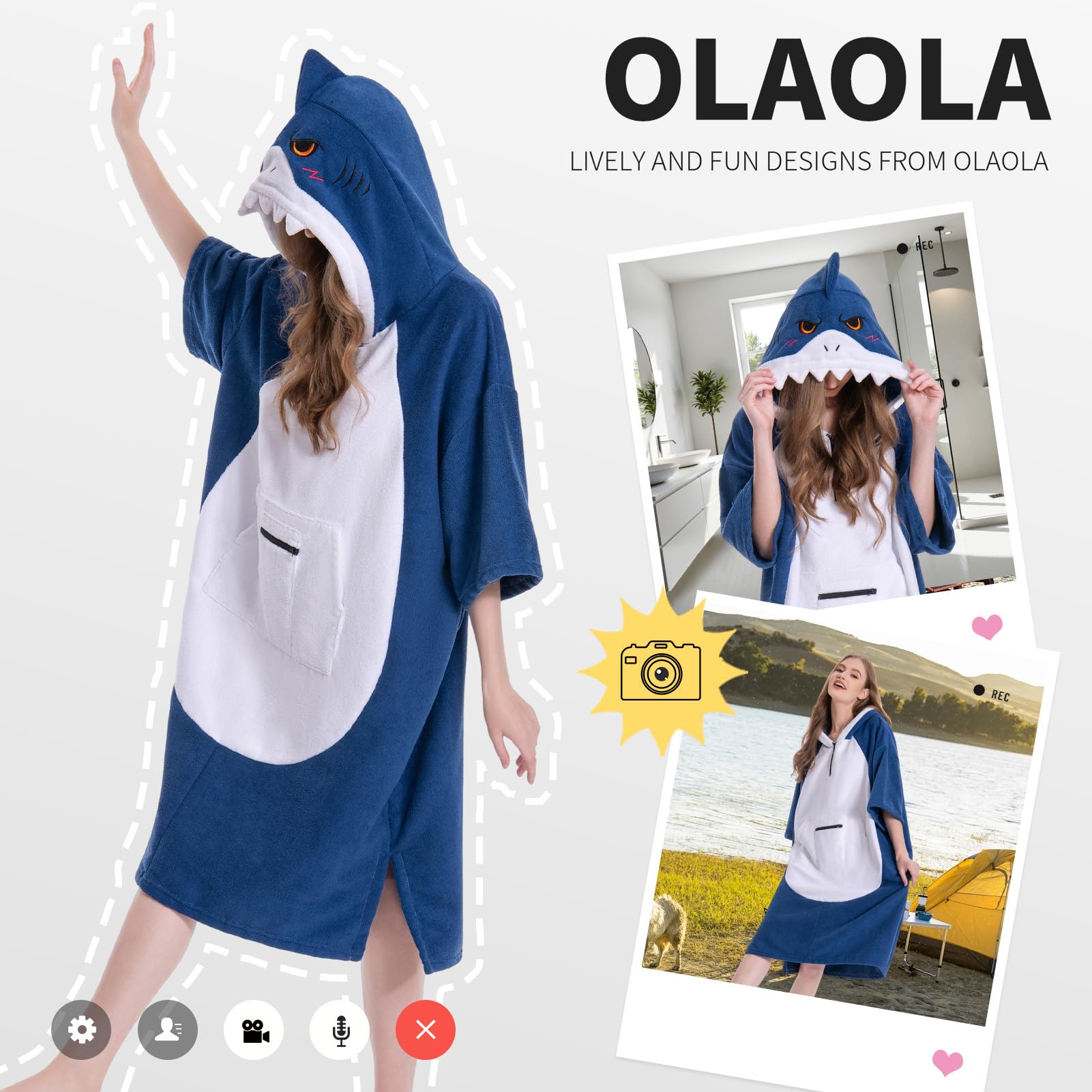 OLAOLA Surf Poncho Wickeltuch, Bademantel, Poncho mit Tasche, Übergröße, schnell trocknend, Frottee, Kapuze für Damen, Herren, Hai, Erwachsene