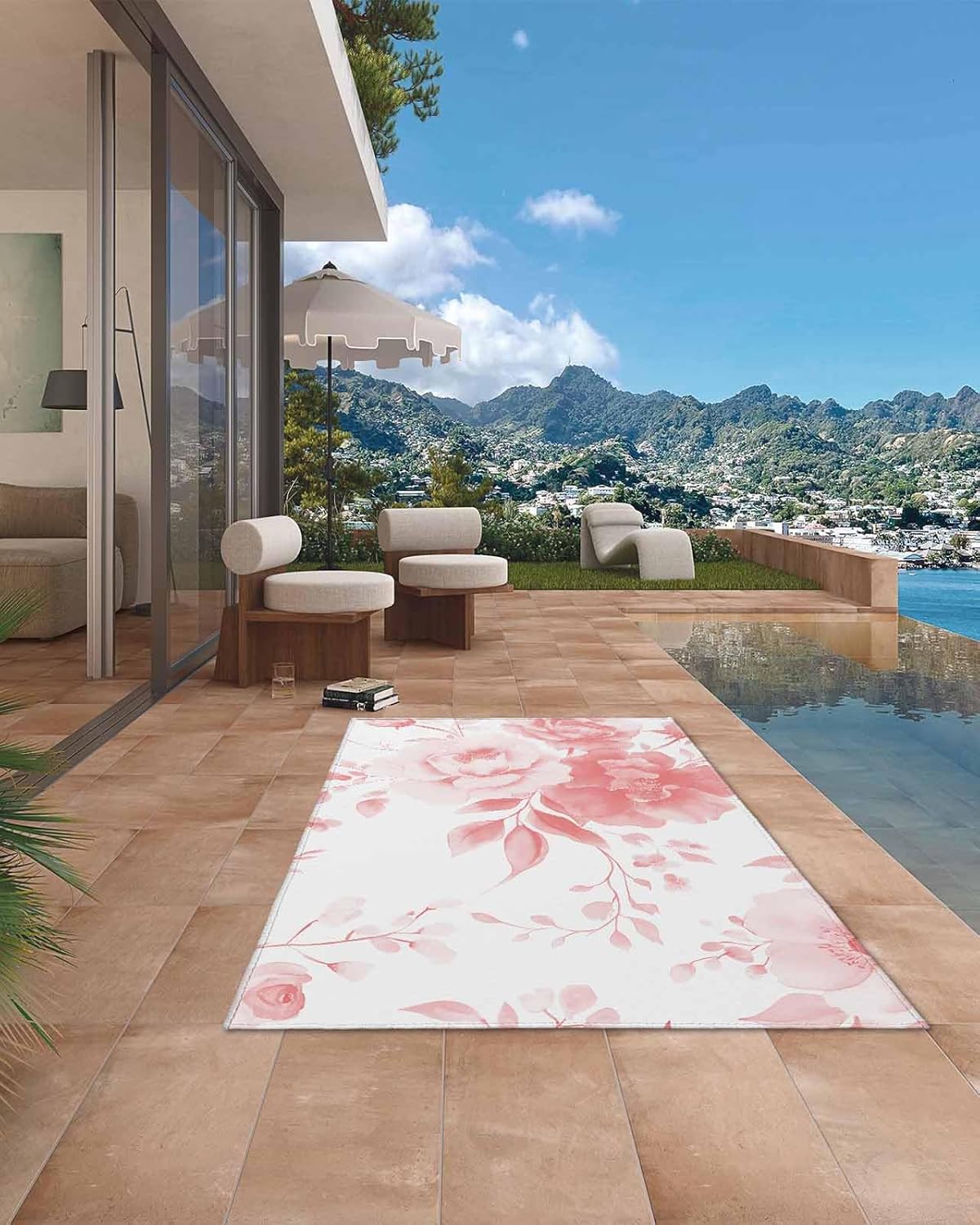Outdoor Rug 4x6 ft Pink Floral Outdoor Large Area Rug Non Slip Rubber Elegant Watercolor Flower Front Door Mat RV Rug Camping Carpet Patio Outdoor Rugs for Backyard Balcony Deck Porch Indoor Outside