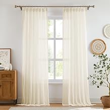 Melodieux Sheer Curtains 96 Inches Long for Sliding Door, Pinch Pleated Curtains & Drapes with Hooks, Wrinkle Cotton Textured Window Panels for Living Room, Set of 2 Panels, 40x96 Inch, Cream