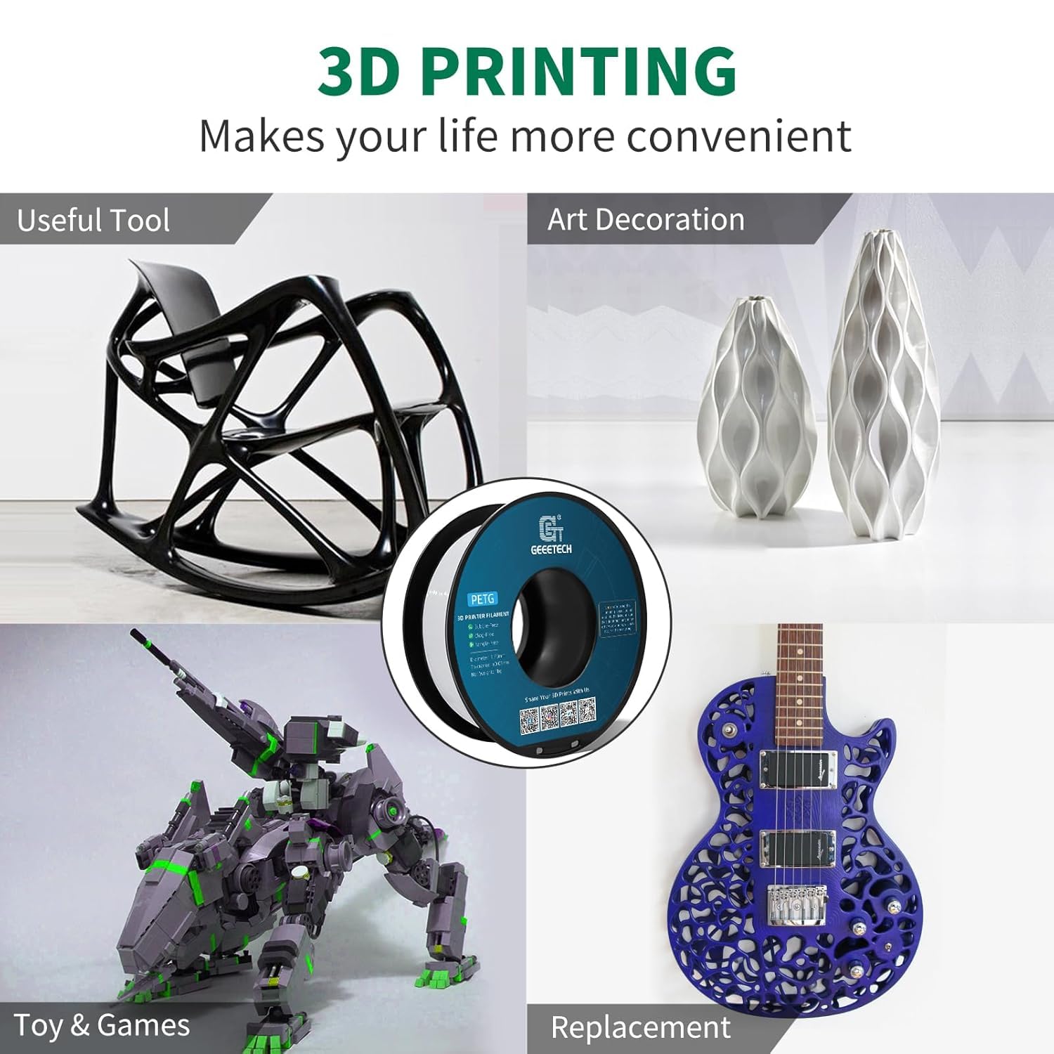GEEETECH PETG Filamento 1.75mm 10kg, Filamento PETG para Impresora 3D, Precisión Dimensional +/- 0,02 mm, 10 Carretes, 1 kg por Carrete (10*Negro)