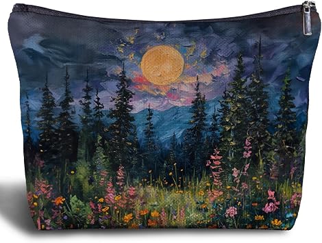 Full Moon Above the Wildflowers Makeup bag, Cottagecore Accessories Cosmetic Bag, Cottagecore Gifts, Mystical Under Cold Moons Scenic Cosmetic Bag Toiletry Bag