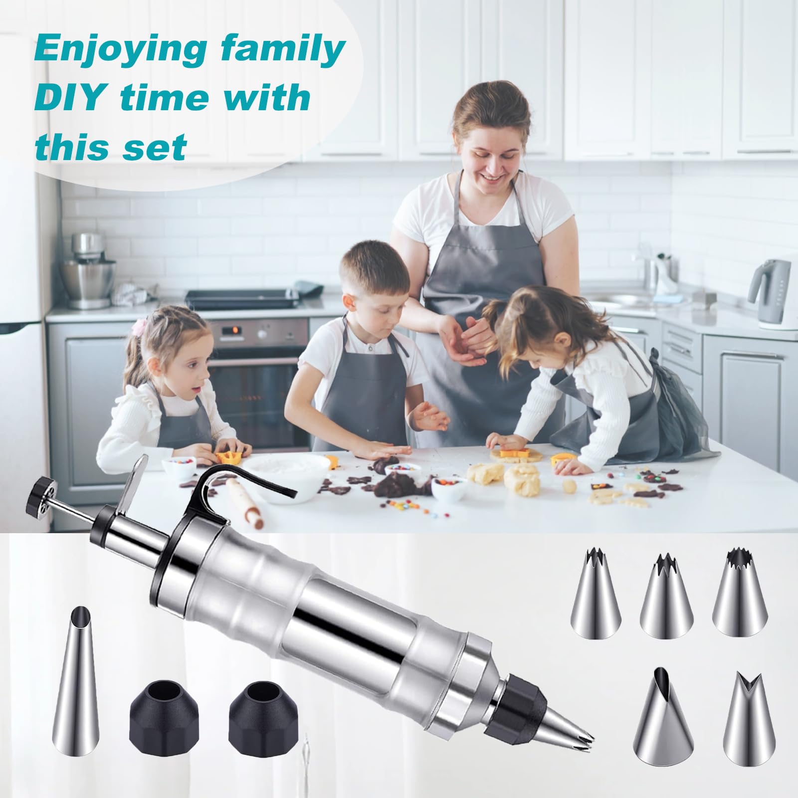 Seringue de décoration de gâteau, seringue à beignets en acier inoxydable, seringue à glaçage, seringue à pâtisserie, kit d'outils de cuisson DIY avec 6 buses, accessoires de gâteau pour