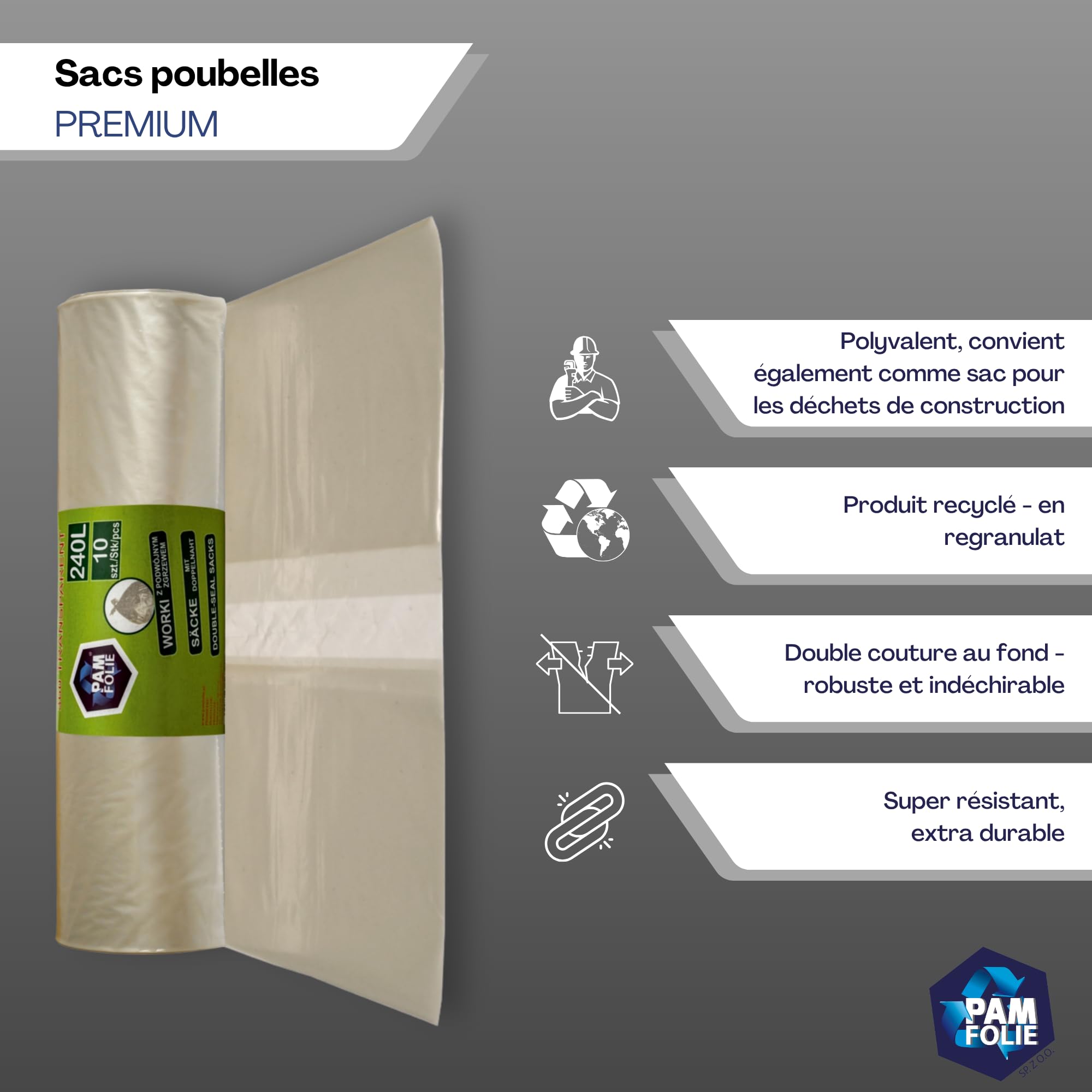 Sacs poubelle 240 L - 30 pièces - lot - Sacs XXL grands, résistants et épais - 120 x 150 cm - 35 µm - universels transparents - Sacs pour déchets de chantier, polystyrène