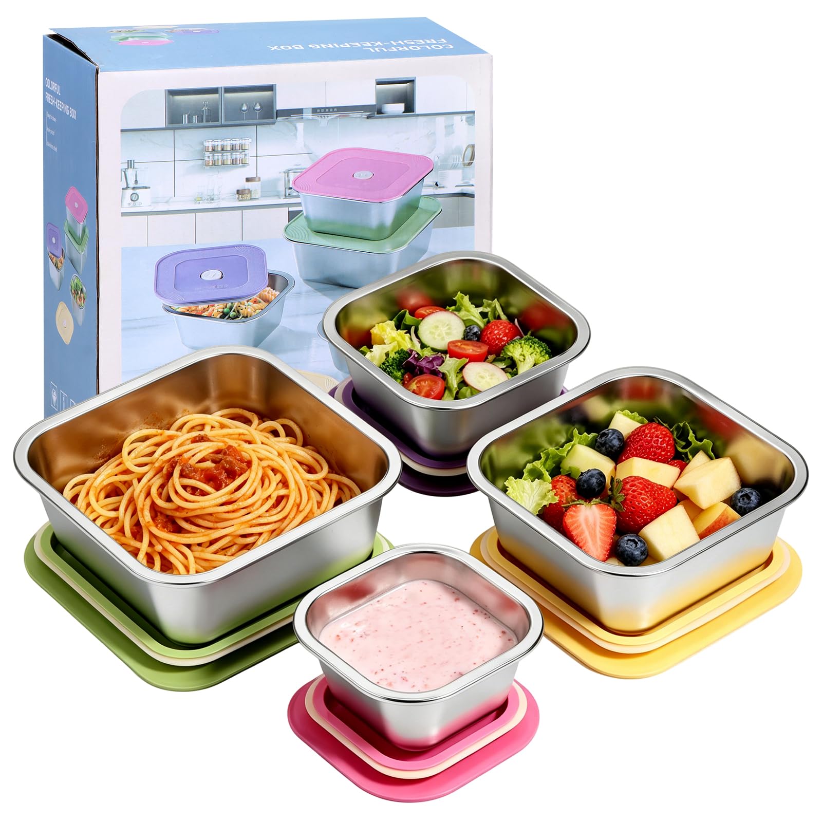 4 Pack Stainless Steel Containers with Lids Bright Collection Leakproof Stainless Steel Food Containers Meal Prep Boxes- Nesting Snack Holders Metal Lunch Snack Pots Box Stackable Airtight Meal Kit