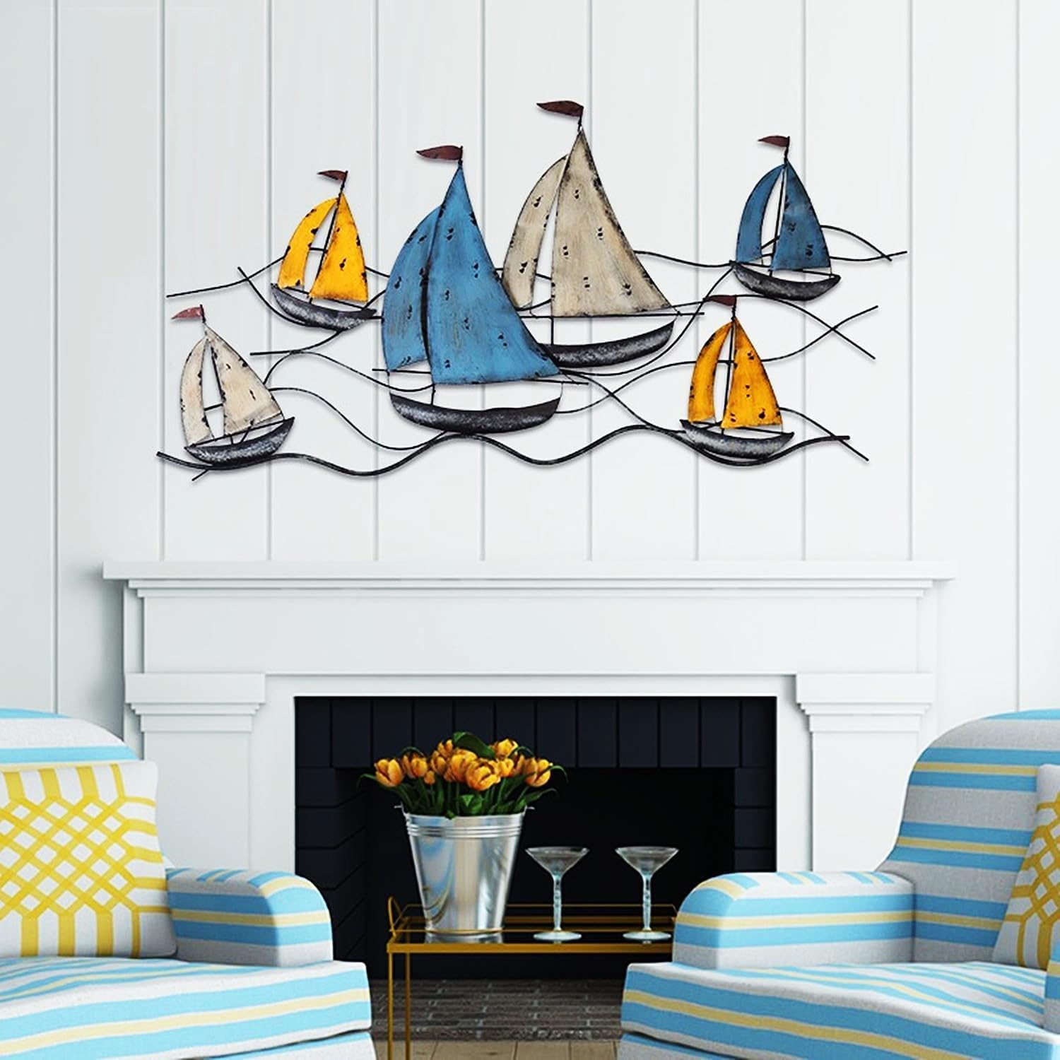 Amazon.co.jp: 壁像モダンアート壁掛け家の装飾金属ヨット壁装飾、大型