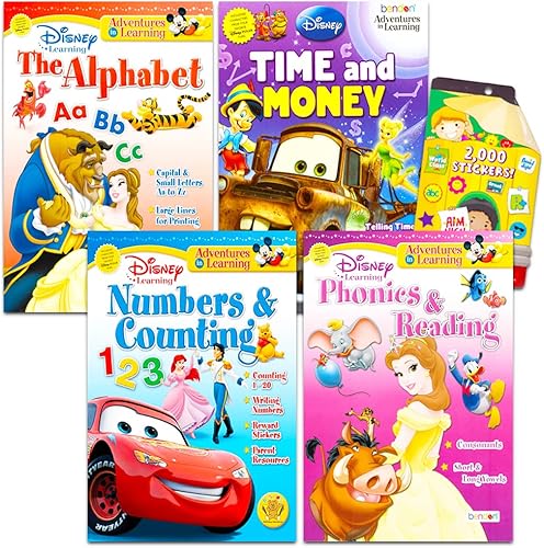 Disney Princess Workbooks - Juego de 4 libros de trabajo con calcomanías de recompensa alfabeto Disney lectura tiempo dinero fonía y más