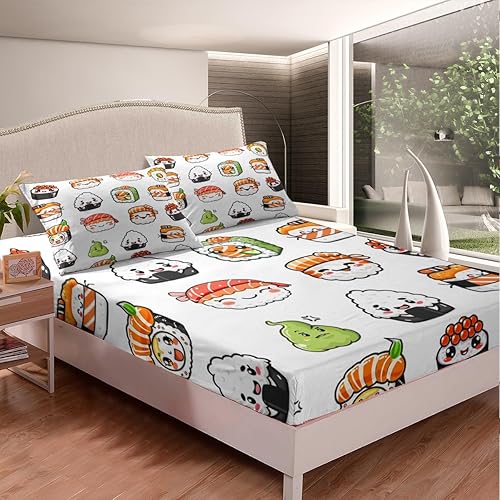 Juego de ropa de cama con patrón de sushi tamaño twin, lindo juego de cama para niñas adolescentes, decoración de dormitorio, niños, estilo japonés