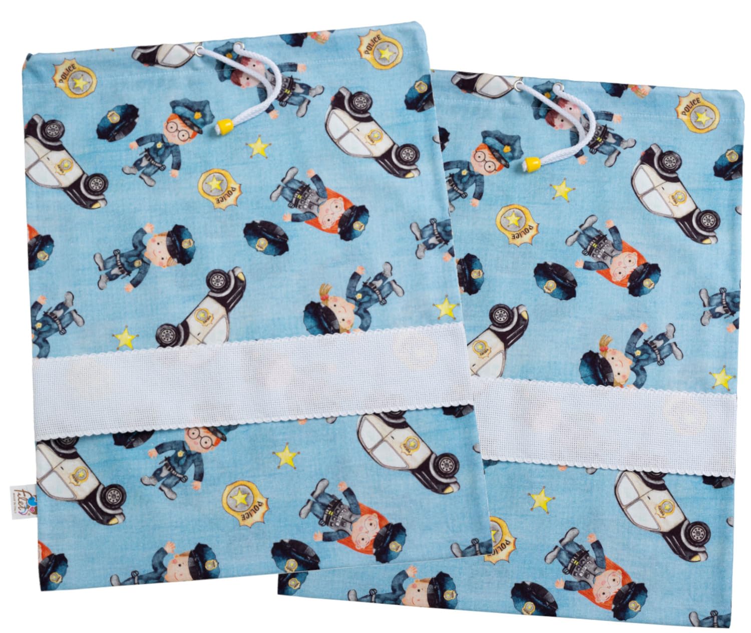 FILET - Set of 2 Nursery Bags in 100% Cotton with Police Print | Embroidered Aida Insert | Made in Italy | 42 x 34 cm | Ideal for Changing, Shoes, Sports
