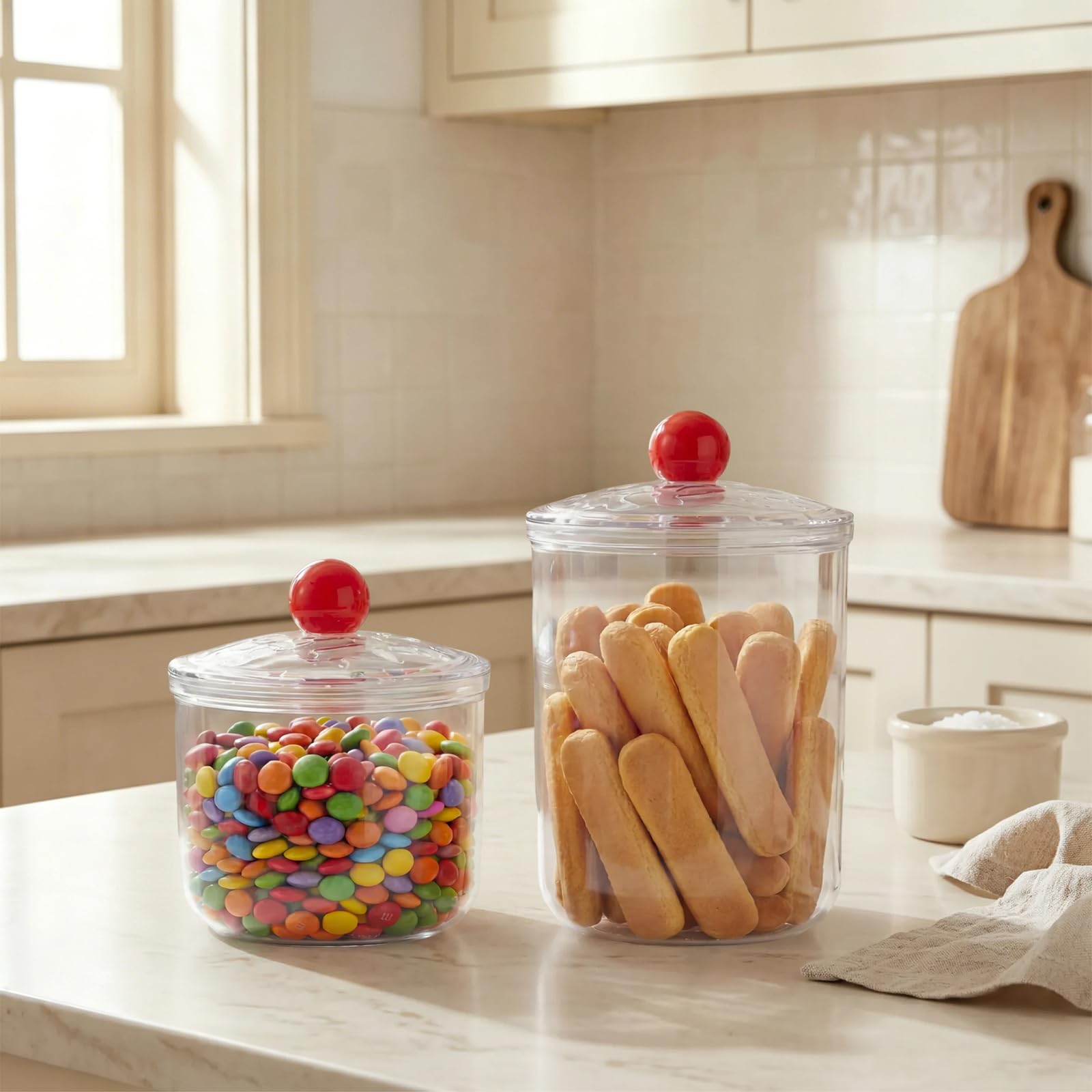 2 Pack Plastic Sweet Jars with Lids - 900ml & 1400ml Clear Biscuit Jar Cookie Storage Container Sealed Empty Sweet Jars with Decorative Red Knob & Silicone Seal for Kitchen Coffee Tea Candy Snack