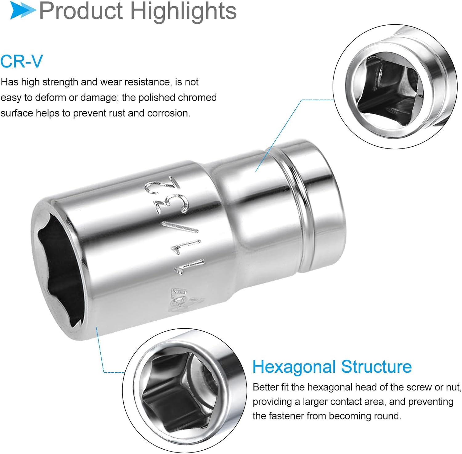6-Point Socket, 1/4" Drive 11/32" Deep, Polished Chromed CR-V SAE Standard Shallow Impact Socket - (Applications: for Ratchet Torque Electric Wrenches Car Repair), 4-Pieces