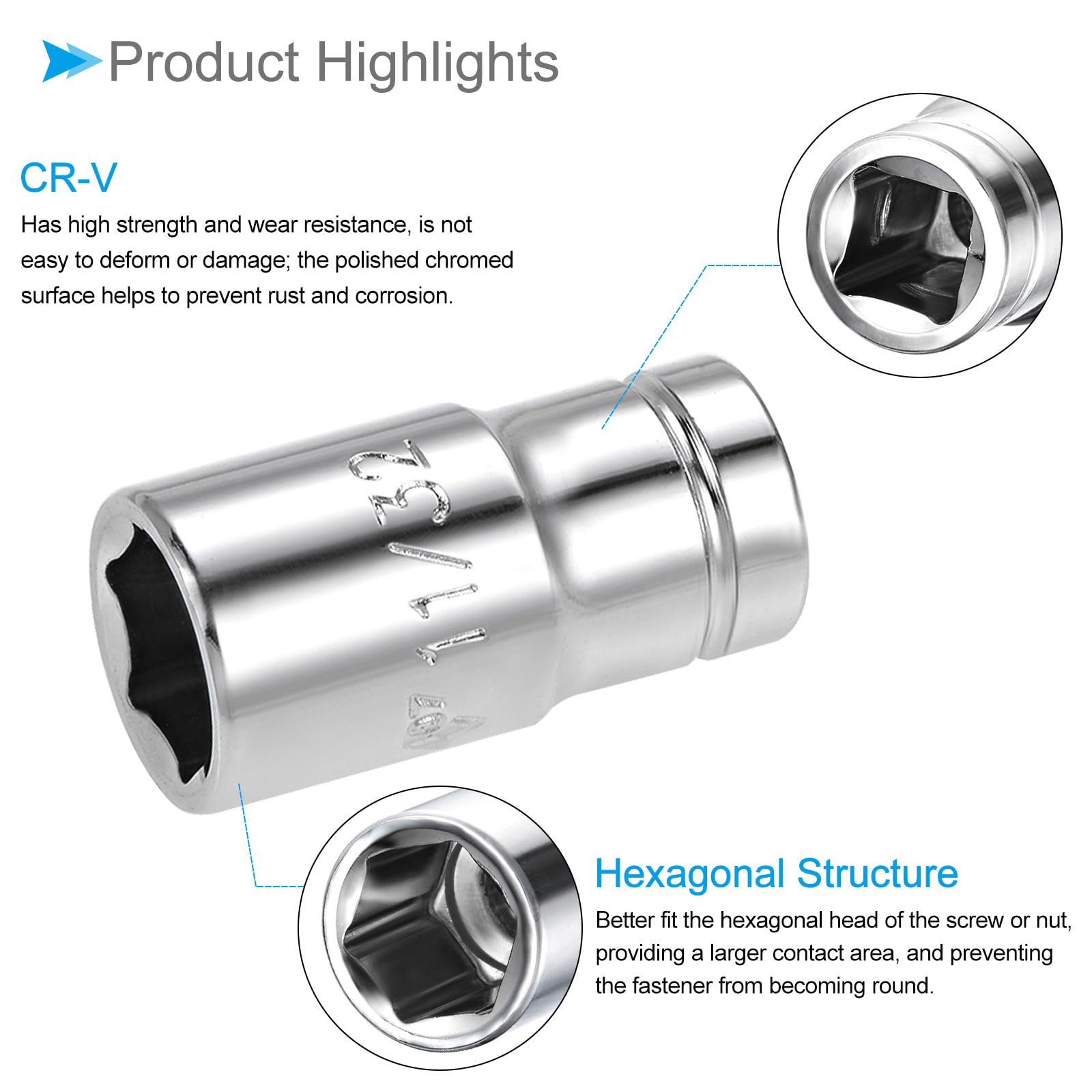 CoCud 6-Point Socket, 1/4" Drive 11/32" Deep, Polished Chromed CR-V SAE Standard Shallow Impact Socket - Image 4