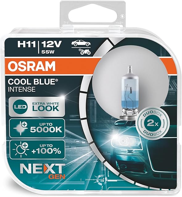 OSRAM COOL BLUE INTENSE H11, +100% more brightness, up to 5,000K, halogen headlight lamp, LED look, duo box (2 lamps), 64211CBN-HCB
