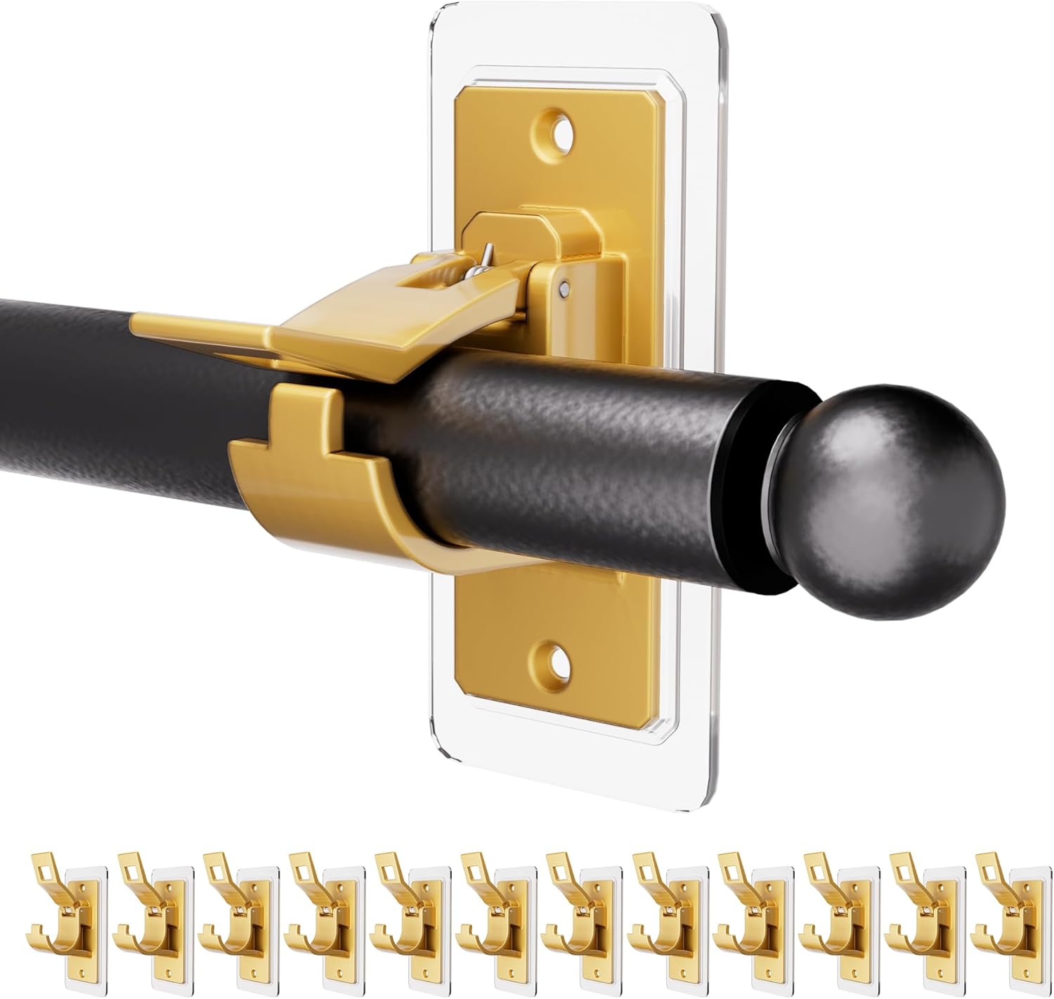 Antimbee 12PCS Self Adhesive Curtain Rod Bracket, No Drilling Curtain Rod Holders, 20lbs Load Capacity Golden Hangers for Dorm, Bathroom, Bedroom, Livingroom Decor