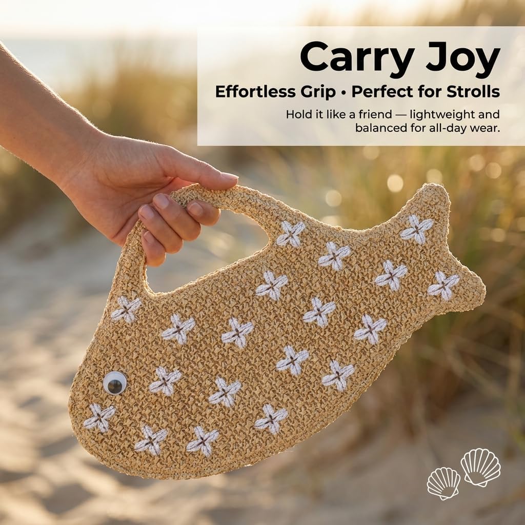 Fish Shaped Straw Bag, Handwoven Summer Beach Clutch for Women, Novelty Sea Animal Woven Purse with Zipper for Vacation Party, Whimsical Handmade Straw Handbag Tote for Spring Summer