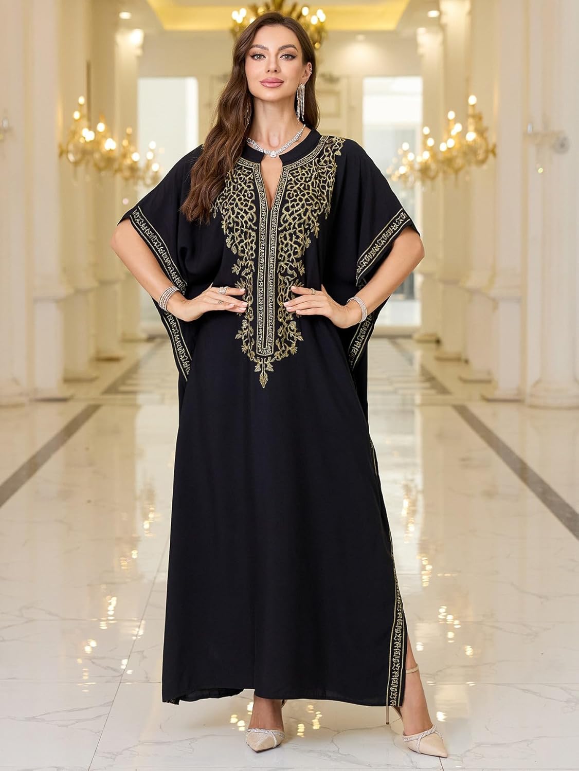 RanRui Women's Embroidered Kaftan Dresses Beach Blouse Cotton Gold Embroidery Holiday Robe Plus Size Caftans Kaftan Dress - Image 2