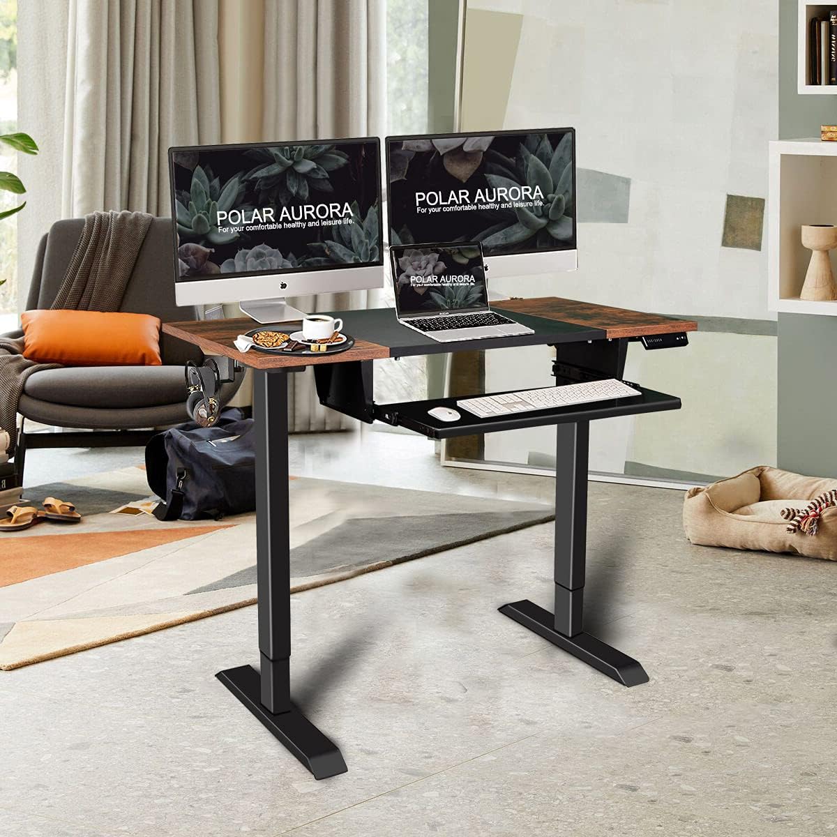 48 x 24 Inches Electric Height Adjustable Standing Desk Sit Stand Computer Desk Workstation w/Drawer & Hook for Home Office, Splice Board Black Frame/Rustic Brown Top : Office Products
