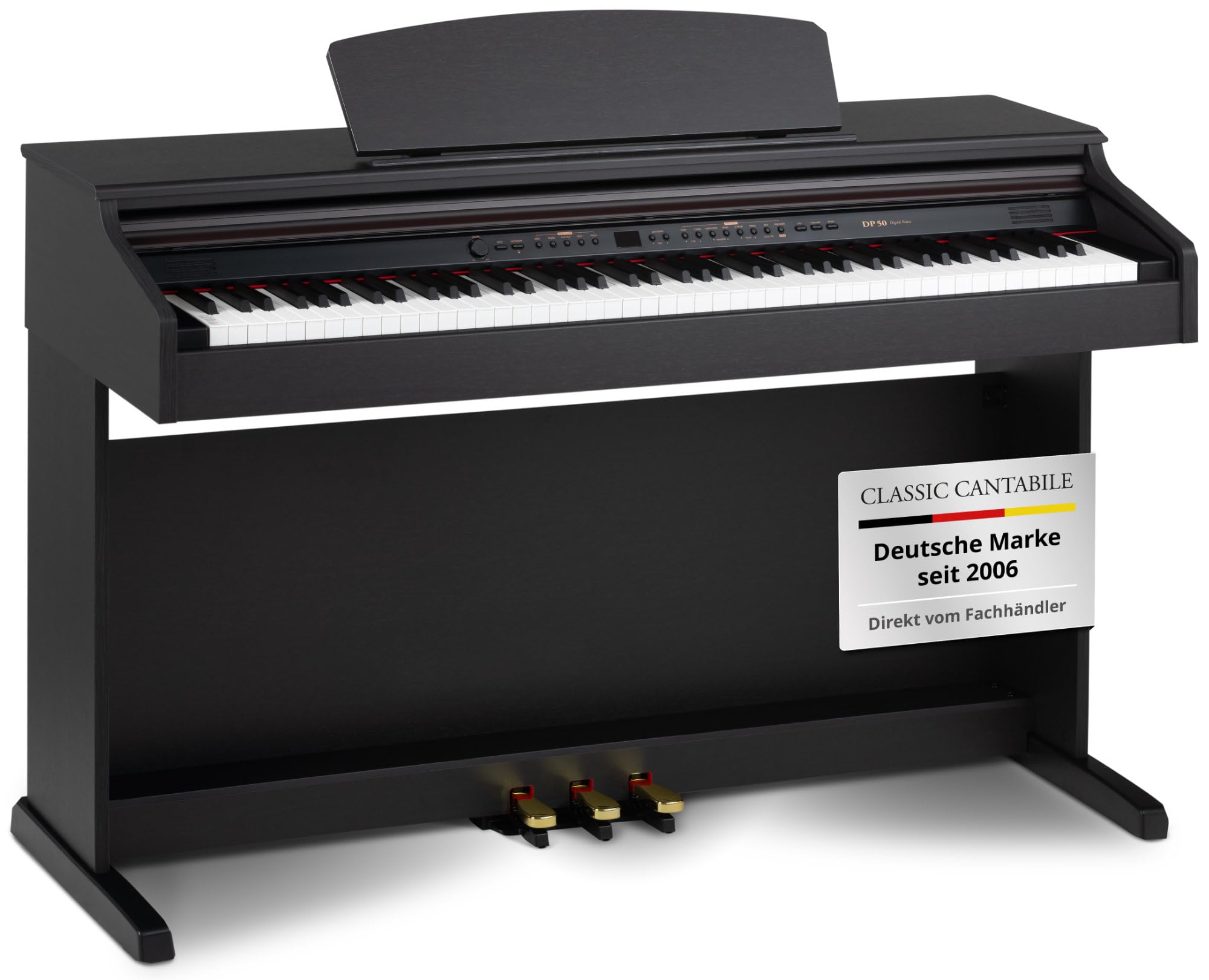 Classic Cantabile DP-50 pianino elektryczne – pianino cyfrowe, 88 przycisków z mechanizmem młotkowym, 14 głosów, wejścia na słuchawki, USB, 3 pedały, uchwyt na nuty – idealnie nadaje się dla