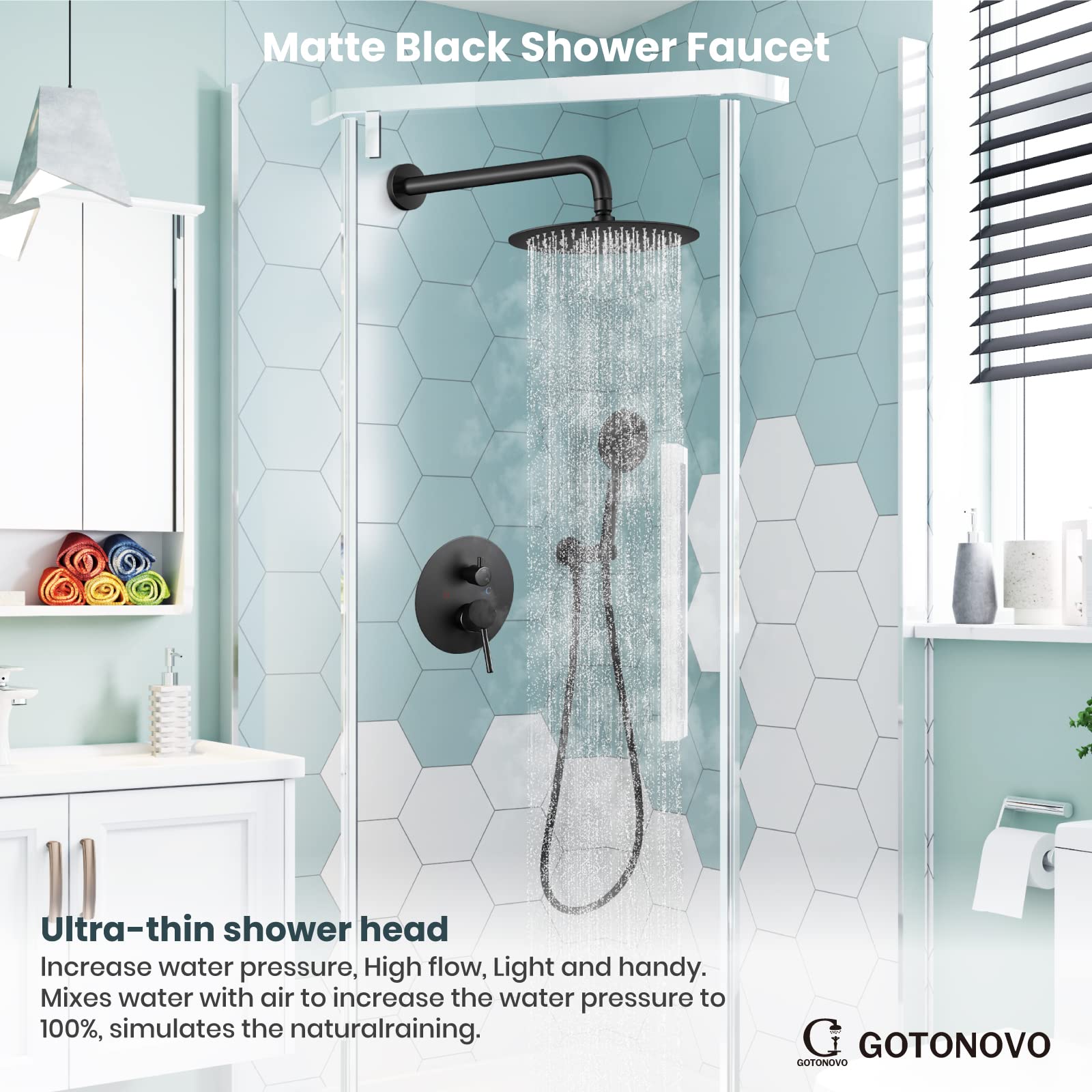 gotonovo 10 Inch Round Rain Shower System Wall Mounted Bathroom Mixer Combo Set High Pressure Shower Head with Rough in Valve Round Handheld Matte Black