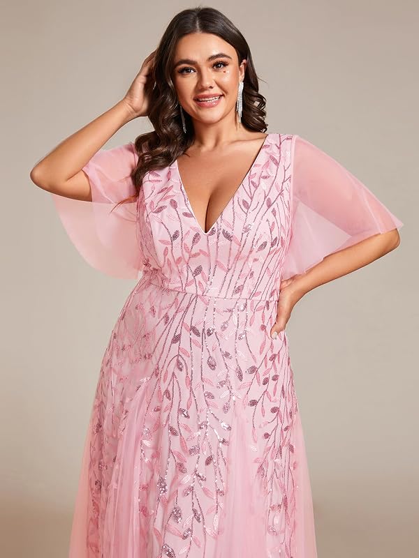 Ever-Pretty Women's Sequin Plus Size Formal Dresses Evening Gown V-Neck Sheer Short Sleeve A-Line Mother of Bride Dress Pink US20 by Ever-Pretty - Image 9