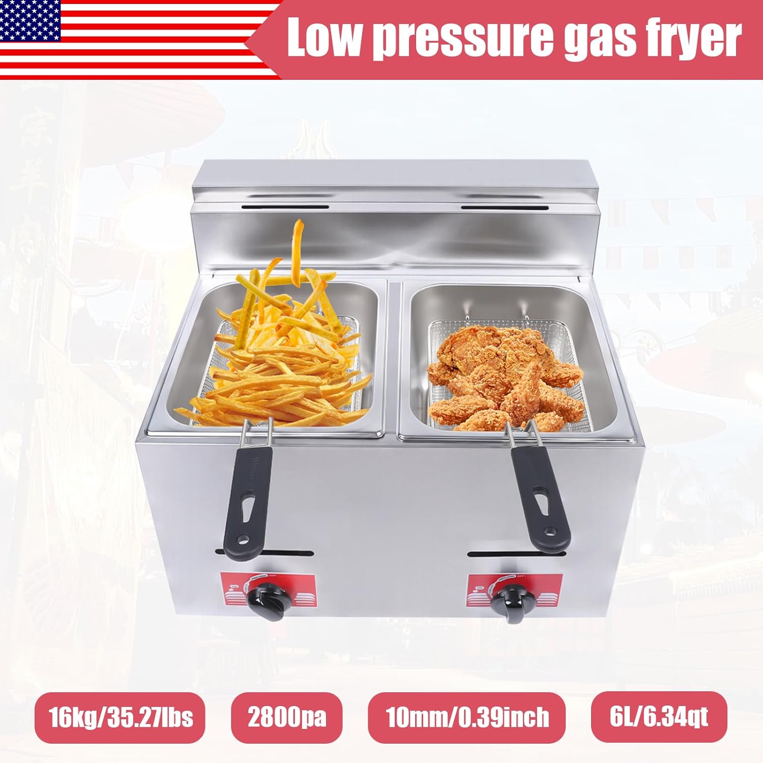 Commercial Countertop LPG Gas Fryer Deep Fryer 2-Basket Countertop Deep Gas Fryer Stainless Steel 6L*2 Deep Fryer for French Fries Restaurant Home Kitchen (US Stock)