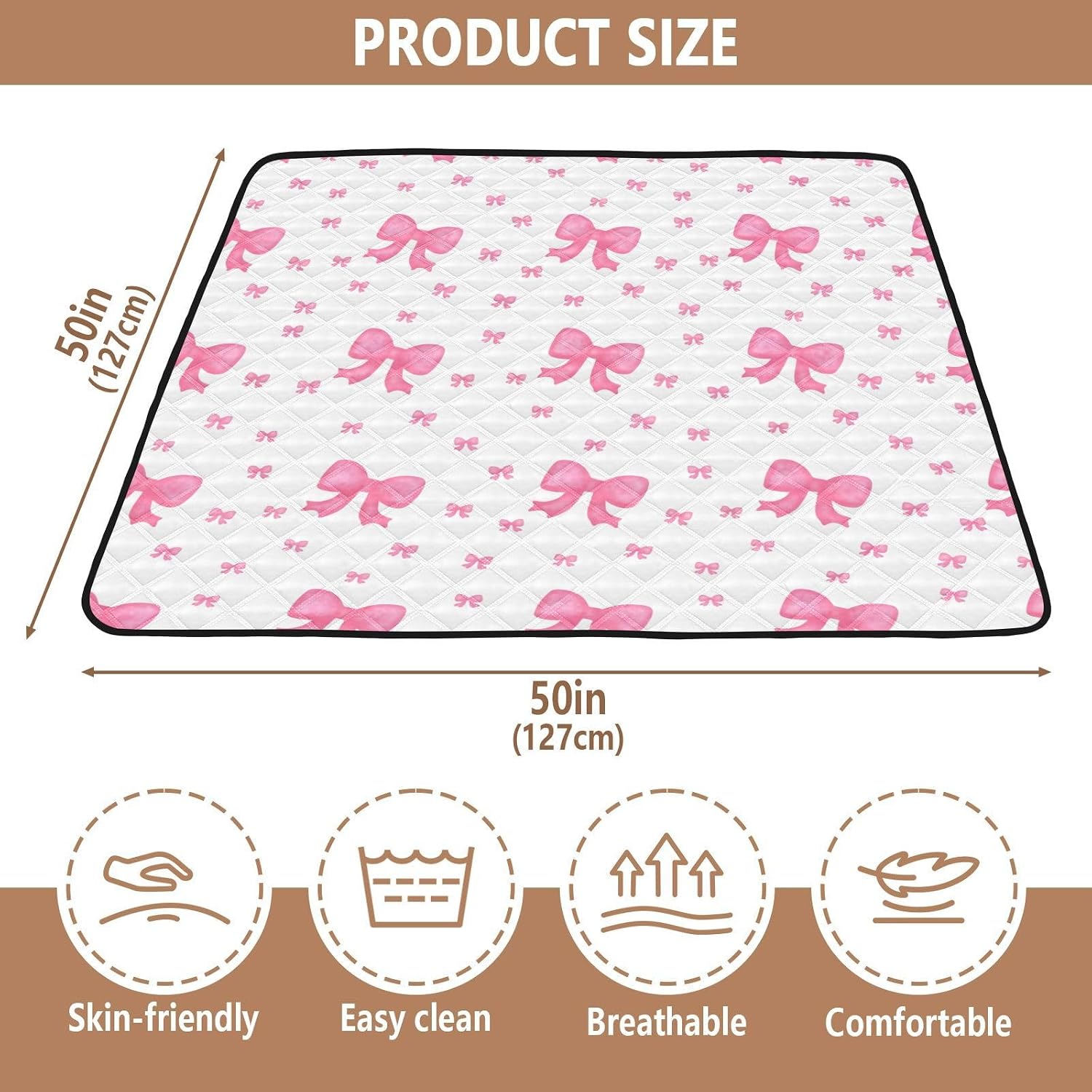 Baby Play Mat - 50" X 50" Baby Play Mats for Playpen & Floor, Pink Bows Soft Foam Crawling Mat for Babies and Toddlers Infants, Foldable Waterproof, Machine Washable