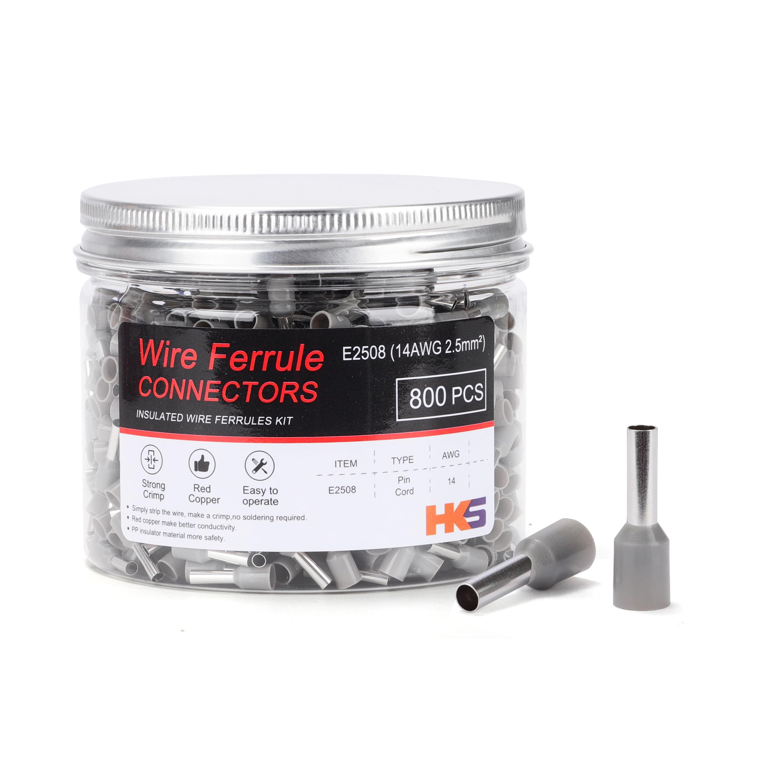 HKS 800PCS Wire Ferrule Connectors - AWG 14-2.5mm² Copper Barrel Pin Cord Ends Insulated Ferrules Terminals - E2508 Grey