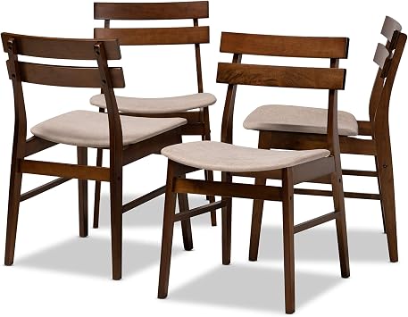 Baxton Studio Devlin Mid-Century Modern Transitional Light Beige Fabric Upholstered and Walnut Brown Finished Wood 4-Piece Dining Chair Set