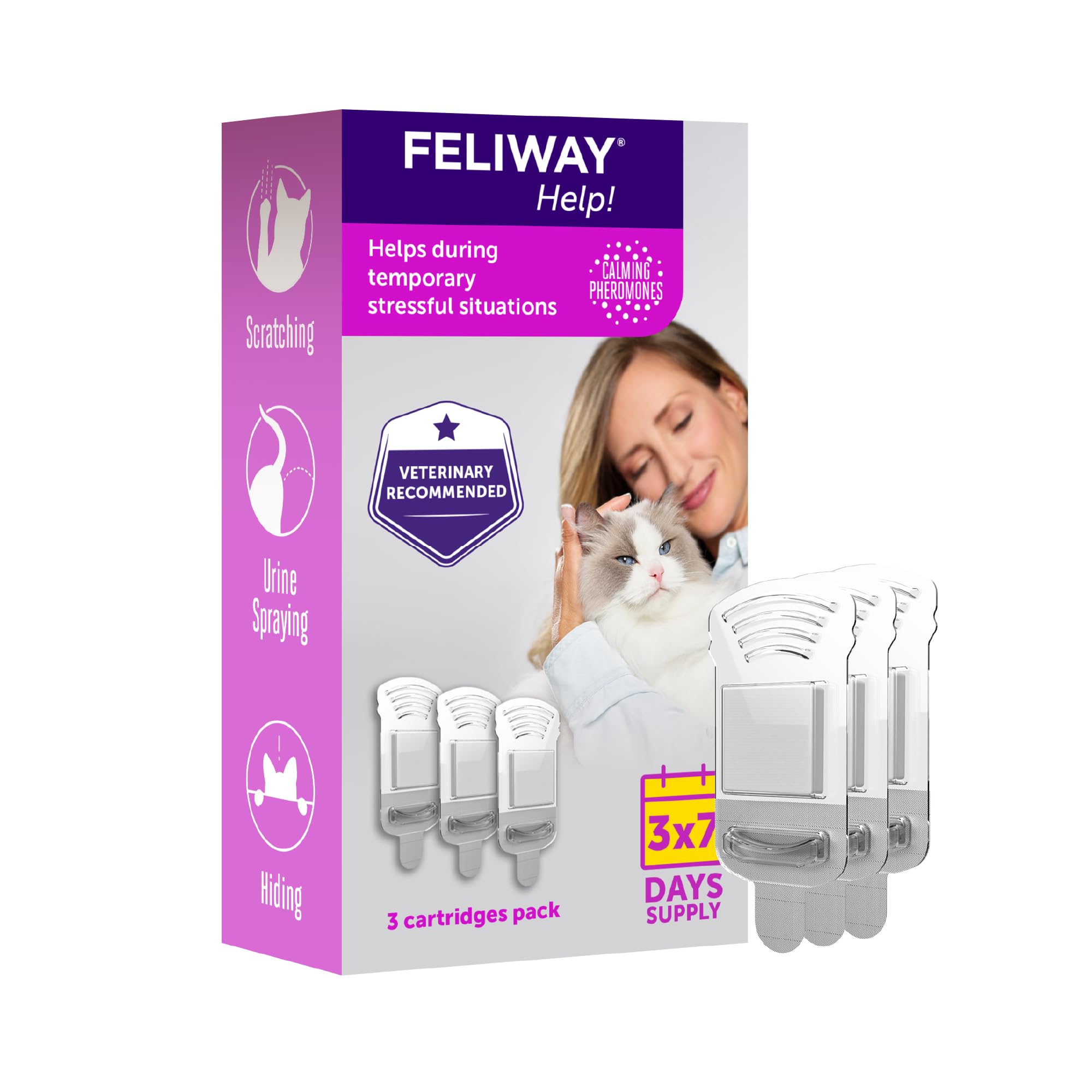 Help! 3x7 Day Cat Calming Odourless Refills for Pheromone Diffuser, 3 Cartridges - Helps Calm your Cat Everyday or During Stressful Events, Veterinary Recommended, Drug-free, Clinically Proven