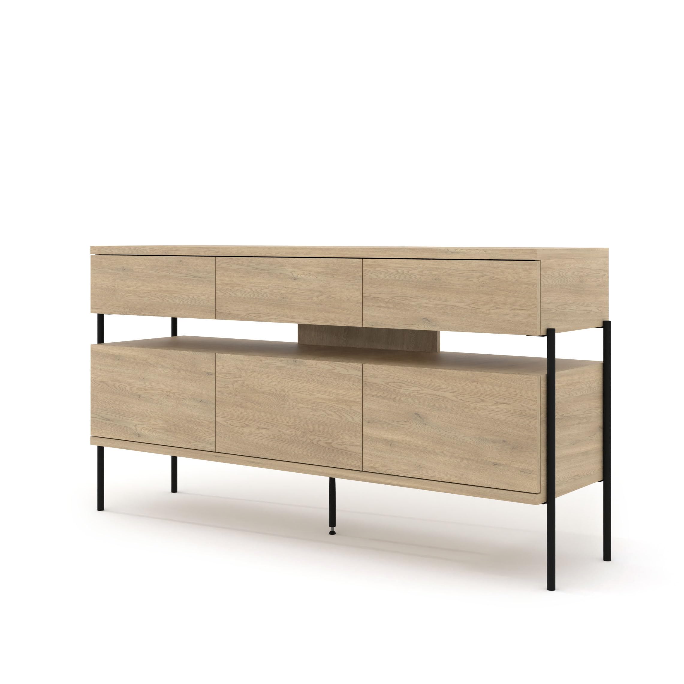 Komoda Dragonfly 150 cm 3D3S – dąb cremona, czarne metalowe nogi, nowoczesna komoda do salonu i sypialni, pojemna szafka z szufladami i półkami, styl loft industrialny