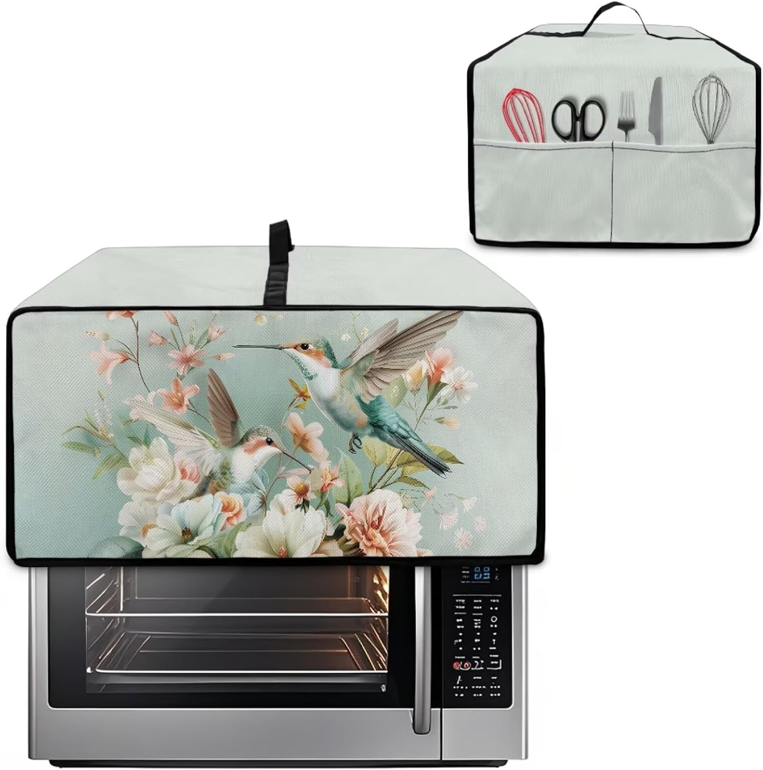 Hummingbird Flower Print Toaster Oven Cover with Storage Pockets for Kitchen Counter, Heavy Duty Dust-proof Air Fryer Cover, Fit Most Small Appliances (Large-18.5 * 22.5 * 12.99 inches)