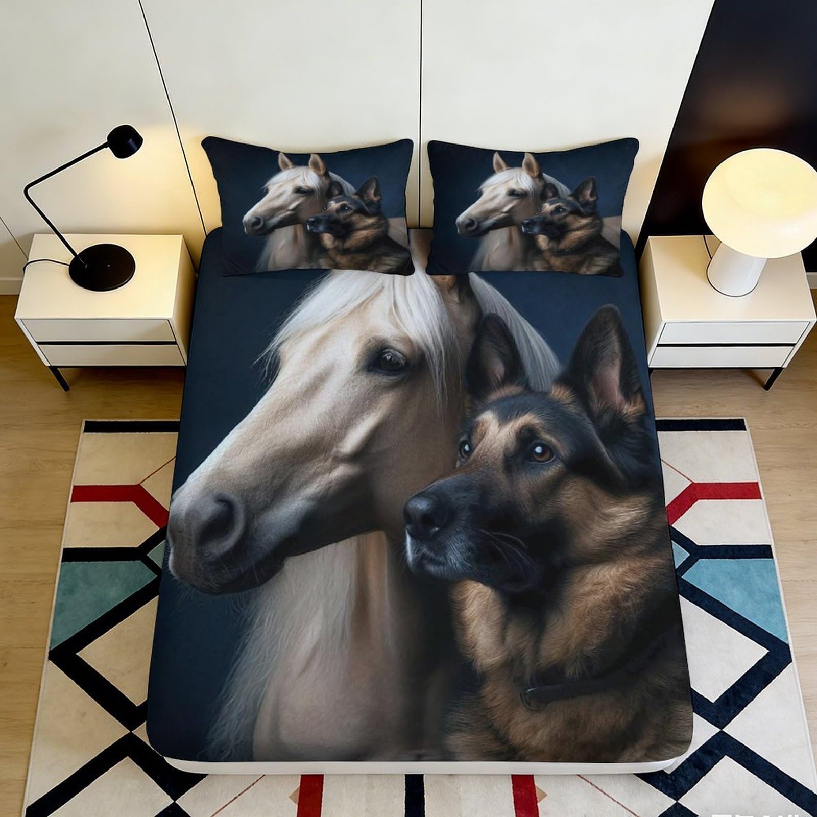 3D Printed Horse and German Shepherd Fitted Sheet Microfiber Soft Breathable Dog and Horse Mattress Cover for Bedroom Dormitory Guest Room Protection 90x200x25cm