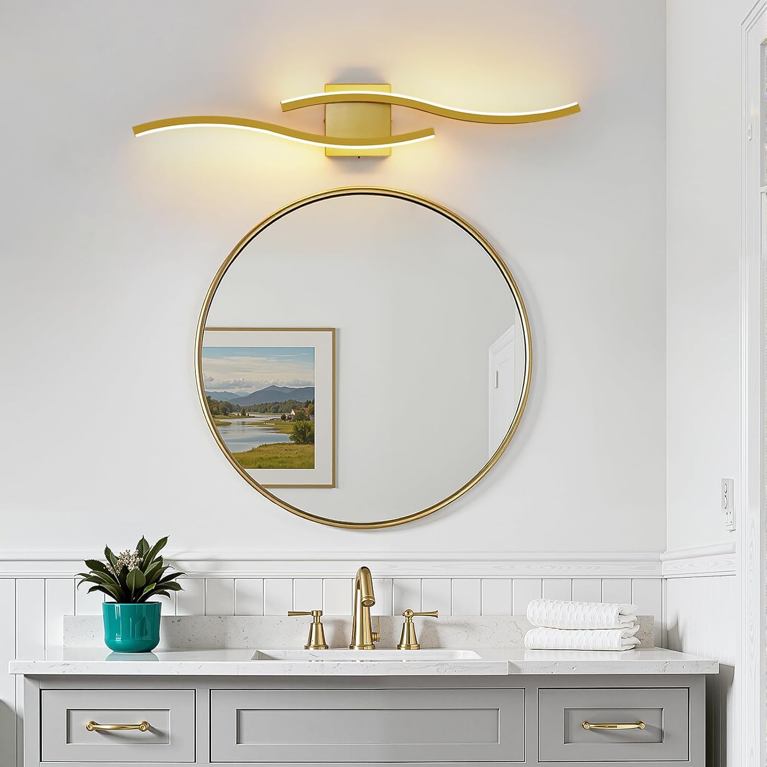 WOSHITU Gold LED Bathroom Vanity Lights: 31.5 Inch 32W Bathroom Lighting Fixtures Over Mirror 5CCT Dimmable 2700-5000K Vanity Lights Modern Bath Sconces Wall Light for Mirror Bedroom Living Room