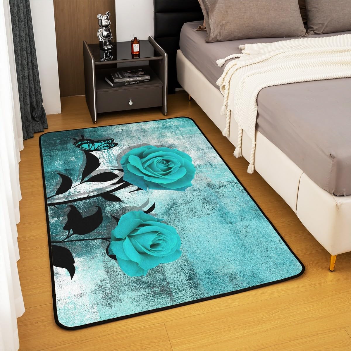 Teal Blue Area Rugs for Bedside, Turquoise Ombre Rose Bedroom Rugs for Kids Boys Girls Adult, Grunge Watercolor Non Slip Carpet, Vintage Contemporary Decorative Accent Rug Home Decorative, 5x6'6''