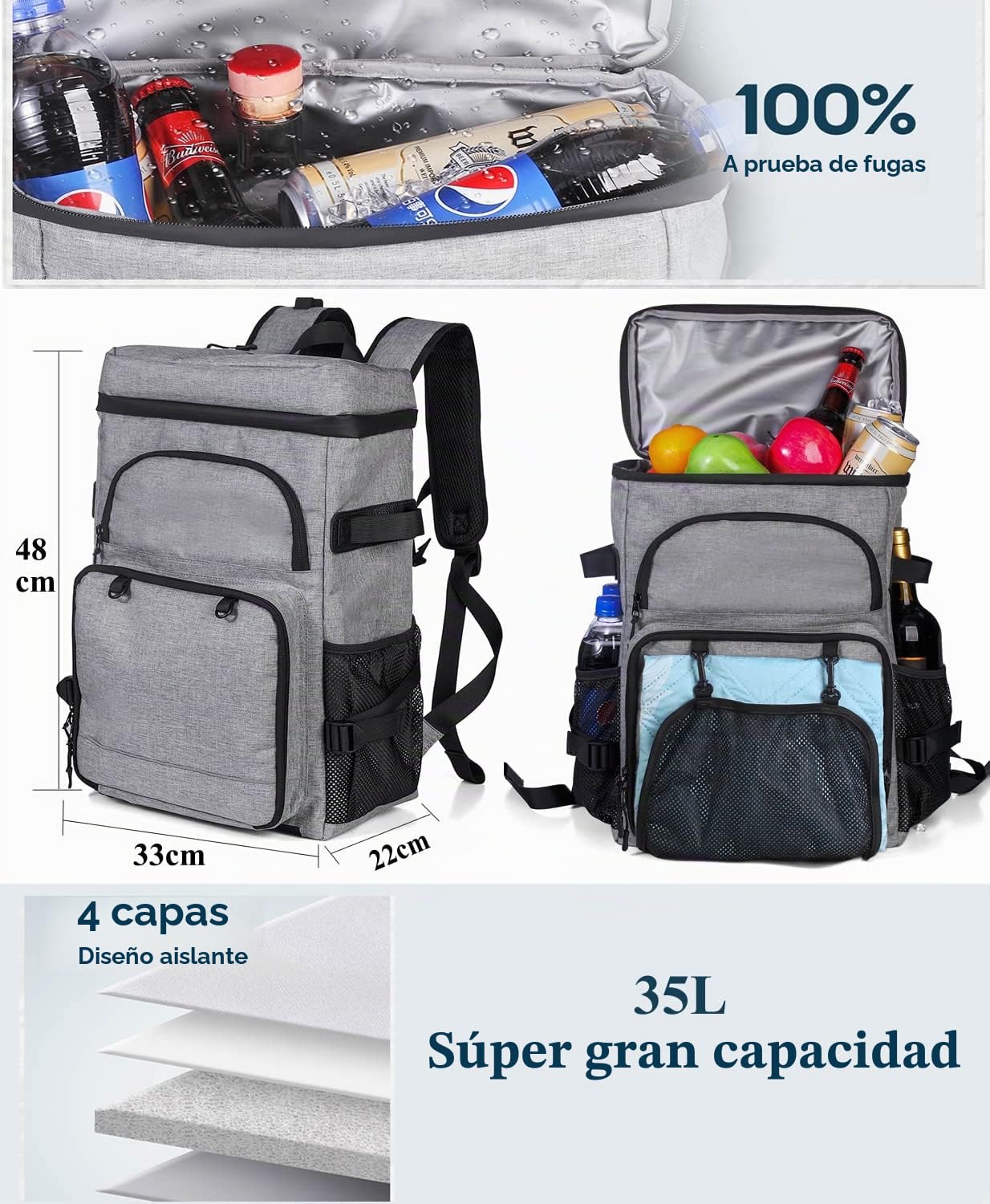DEWUR Mochila de refrigeración térmica de 35 l, Bolsa de refrigeración, Mochila de Picnic Impermeable con abridor de Botellas, para Picnic, Camping, Playa, Senderismo, Viajes, Compras (Gris)